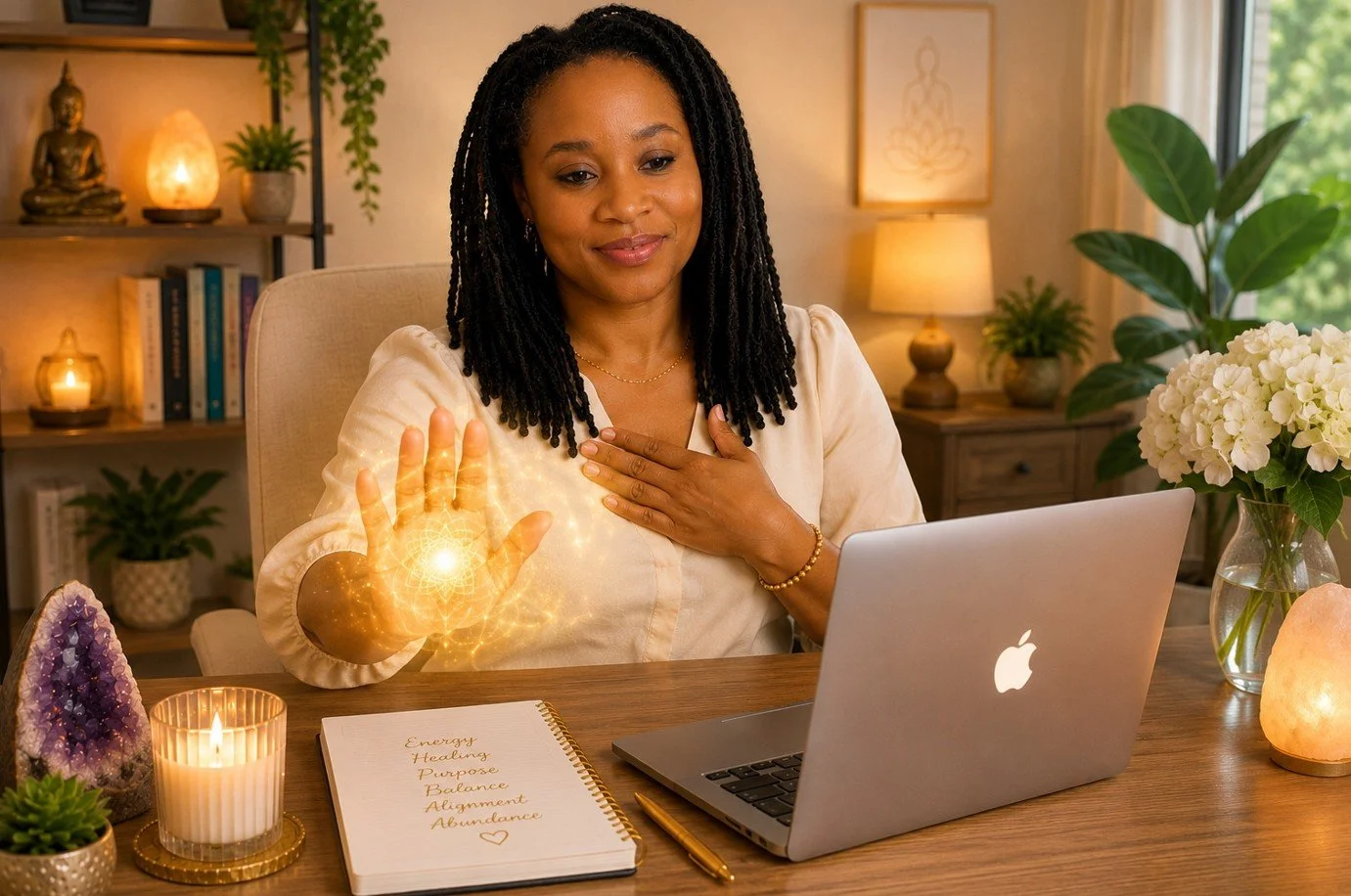 A woman with long braided hair sitting at a desk, appearing to channel energy with a glowing hand and hand on her chest, surrounded by spiritual and calming items such as candles, crystals, plants, and a notebook with words related to energy healing.