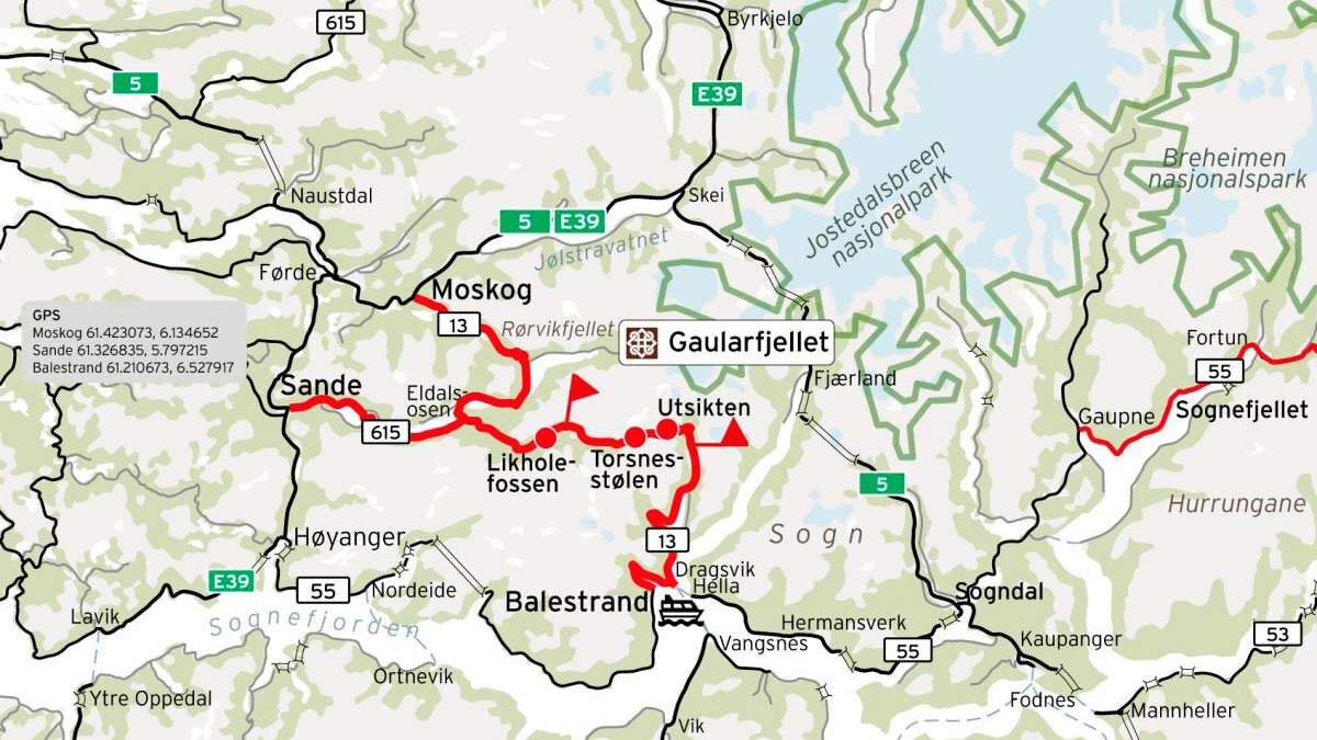 Gaularfjellet, one of 18 Norwegian Scenic Routes. Map: najonaleturistveger.no