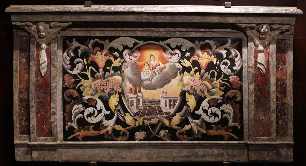 Giovanni massa, paliotto in scagliola con la madonna dle carmine, 1680-1730