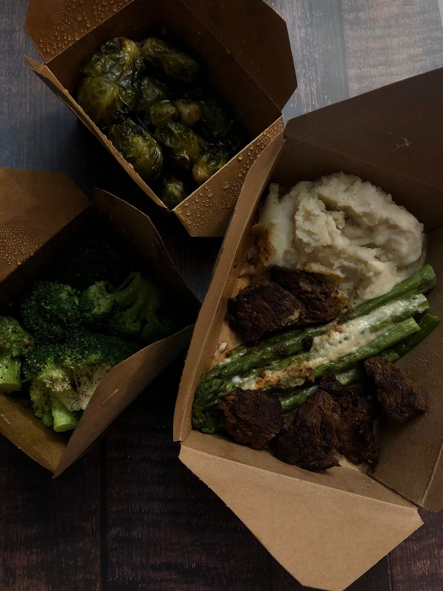 steak, asparagus, brussel sprouts, mashed