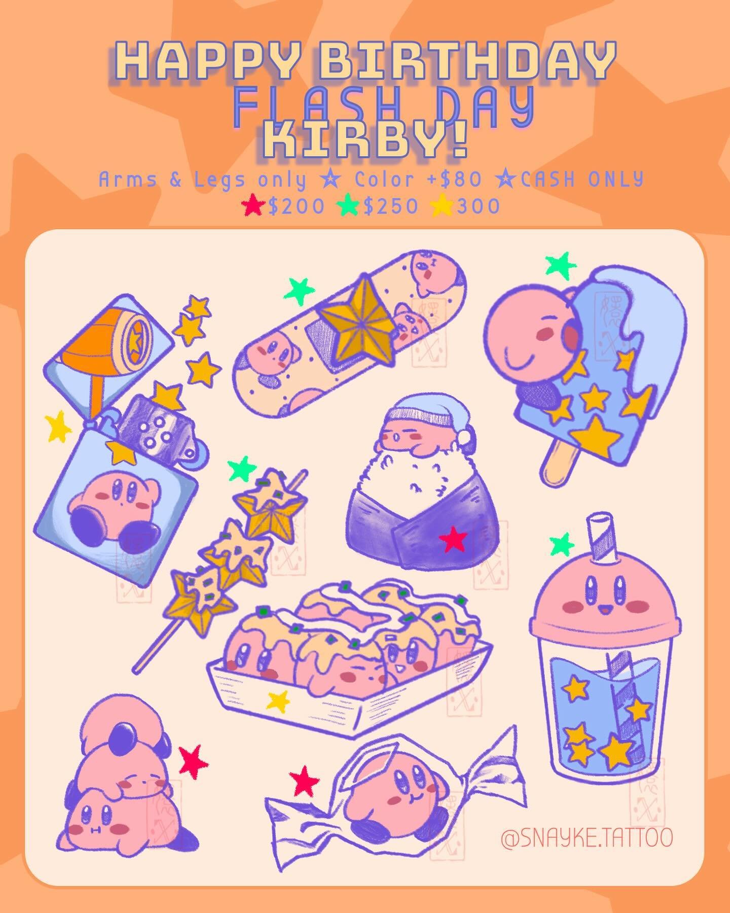 Kirby said come to birthday party or else 🔪 

FLASH DROP for SATURDAY, APRIL 27th 

✧ Walk-in first come first serve ✧
✧ Black and grey shaded OR color ✧
✧ ARMS AND LEGS ONLY (even tho Kirby has neither) 
✧ Cash only ✧
✧ If you cannot make the event