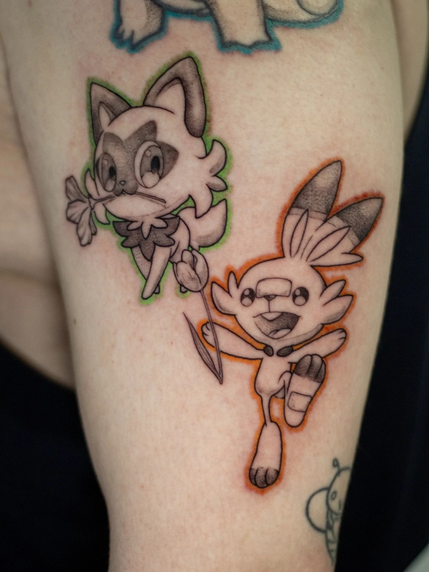 STARTERS ✨ for William 
🫨 (Original Squirtle not done by me, added shading and color) Scorbunny and Sprigattito! 

What&rsquo;s your favorite starter?

#pokemon #pokemontattoo