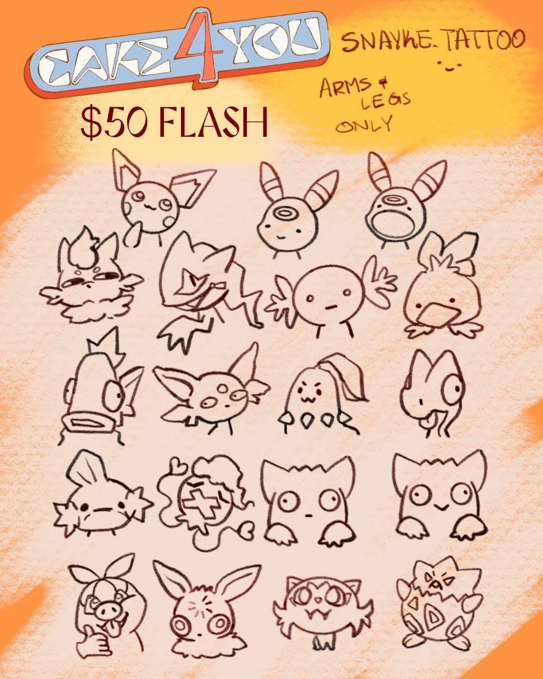 Silly little doodle guys for Cake&rsquo;s 4th birthday >:) 

🍭Arms n Legs only
🍭Happy to do multiples :>
🍭First come first serve
🍭 💵 or V only 
🍭 If you cannot make the event I am offering these flash for event price (Pok&eacute;mon doodl