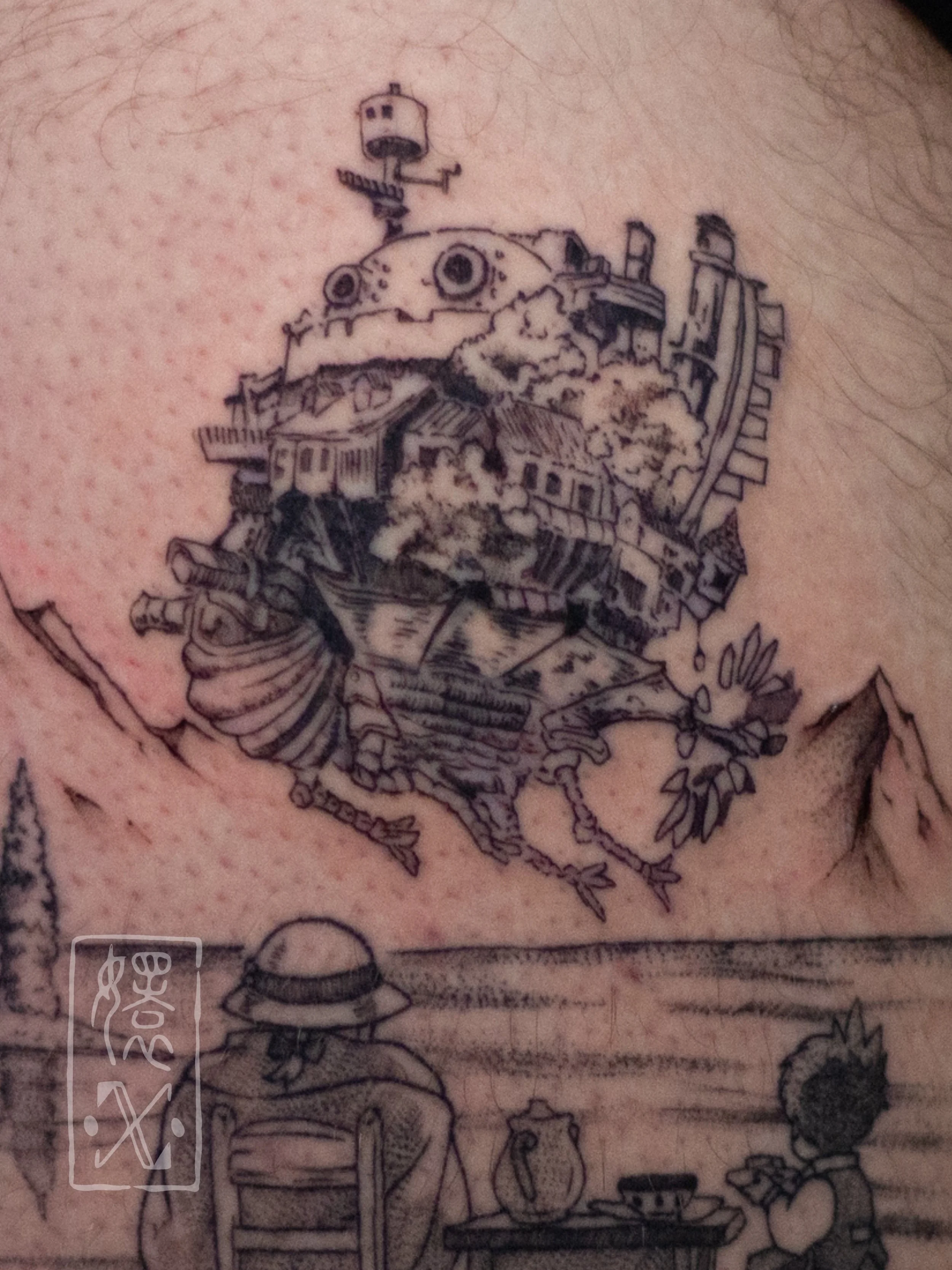 Howl&rsquo;s Moving Castle cover-up for Ray! Original text + first part on last slide :>

We originally only did the Sophie and Markl scene, but later on decided to add the castle itself as a cover up for some letters that Ray had. 

I think it&rs