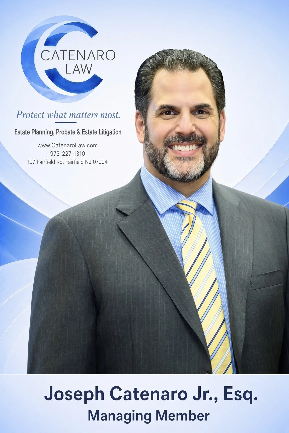 Business card or poster featuring a smiling man in a suit and tie, with text indicating his name as Joseph Catenaro Jr., Esq., a managing member of Catenaro Law, with contact information and a logo.
