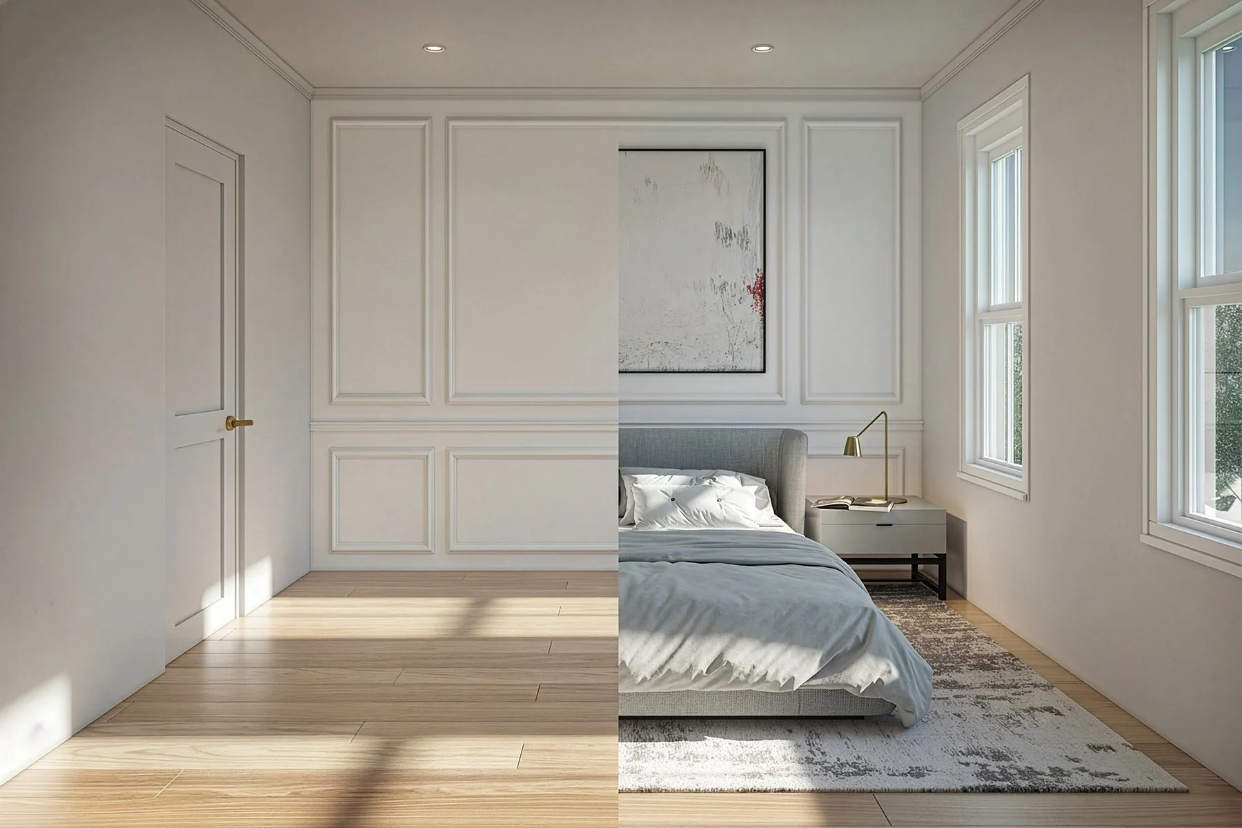 Pre-construction interior rendering for real estate sales showing furnished condo bedroom in Miami