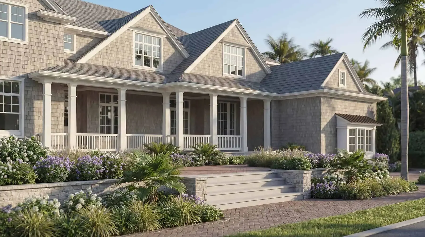Front exterior view of a large luxury shingle-style estate with extensive tropical landscaping, including purple and white flowers, palms, and stone steps leading to a columned porch under a sunny sky.