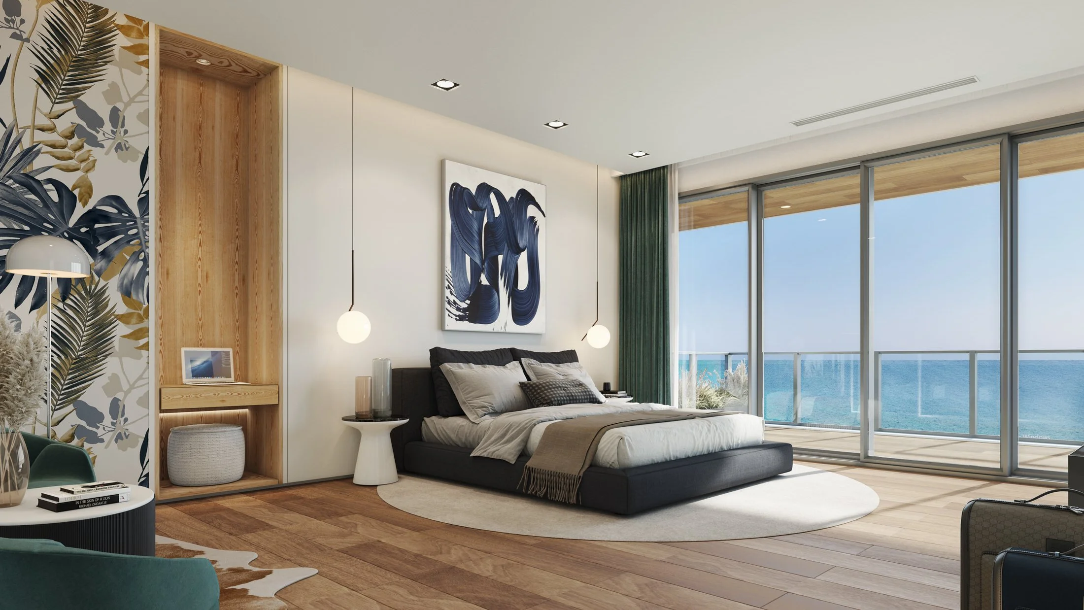 3D interior rendering of a hotel room overlooking the ocean..