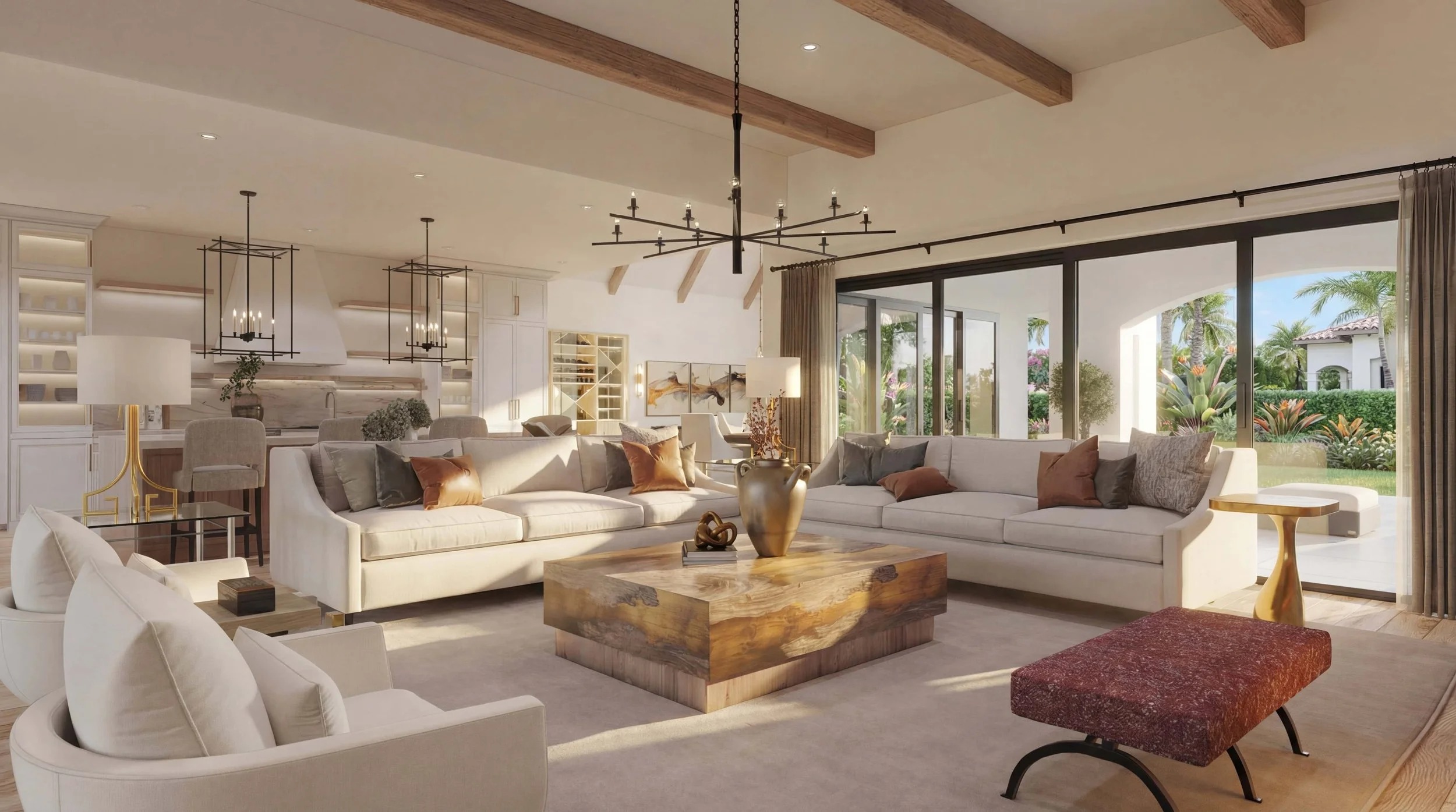 : Interior designer 3D rendering showing luxury living room with custom furniture and material selections