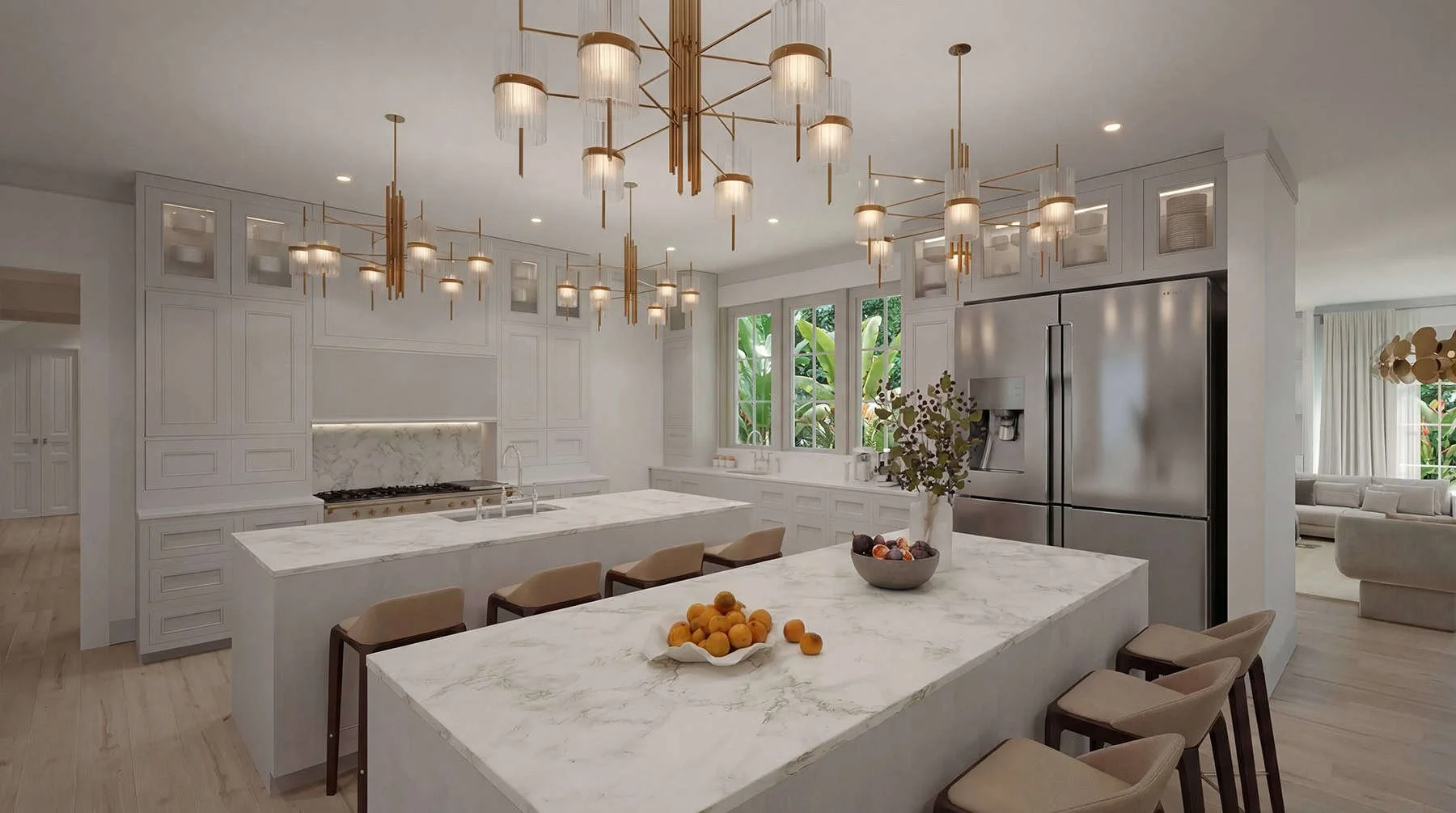 Affordable kitchen renovation 3D rendering showing new cabinets, backsplash, and countertop selections