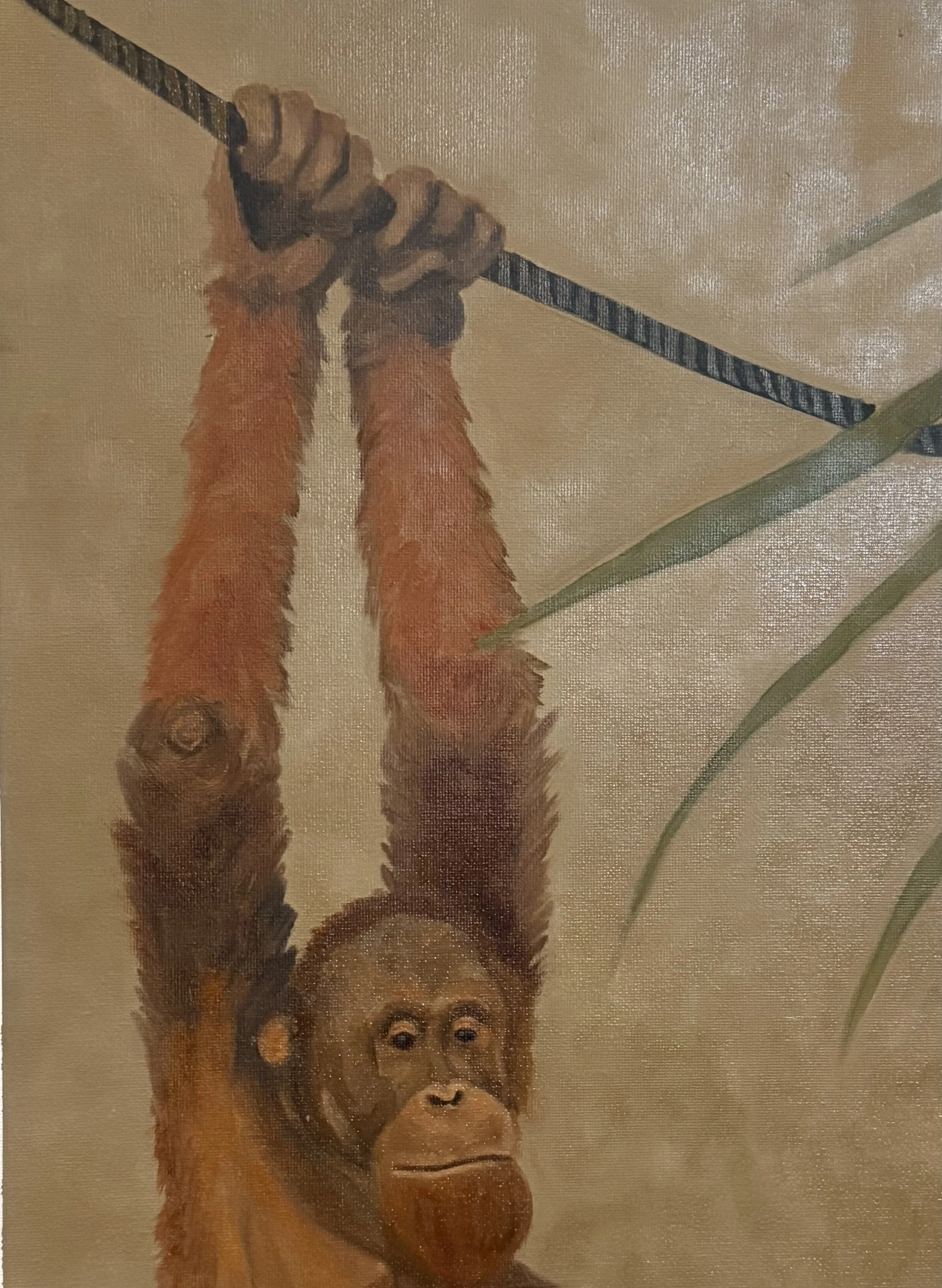 Painting of a orangutang  hanging upside down, gripping a branch with both hands, with a serious facial expression. Acrylic Painting. Heather Feather Painting and Design. Heather Mogosh. Art. 