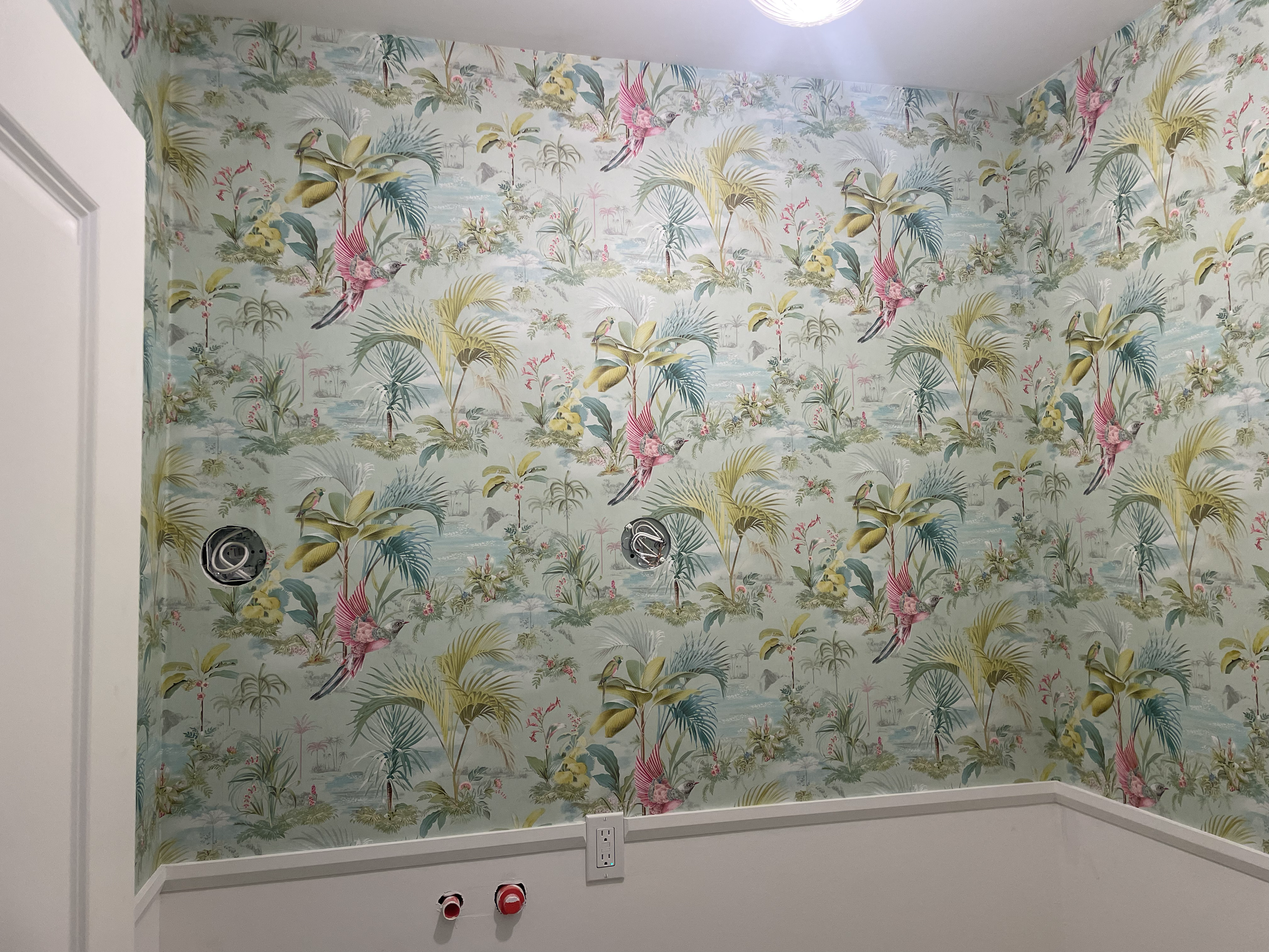 A room with tropical-themed wallpaper featuring colorful birds, palm trees, and lush greenery, with electrical outlets and installation brackets on the wall. Wallpaper. Interior House Painting. Heather Feather Painting and Design. Toronto.