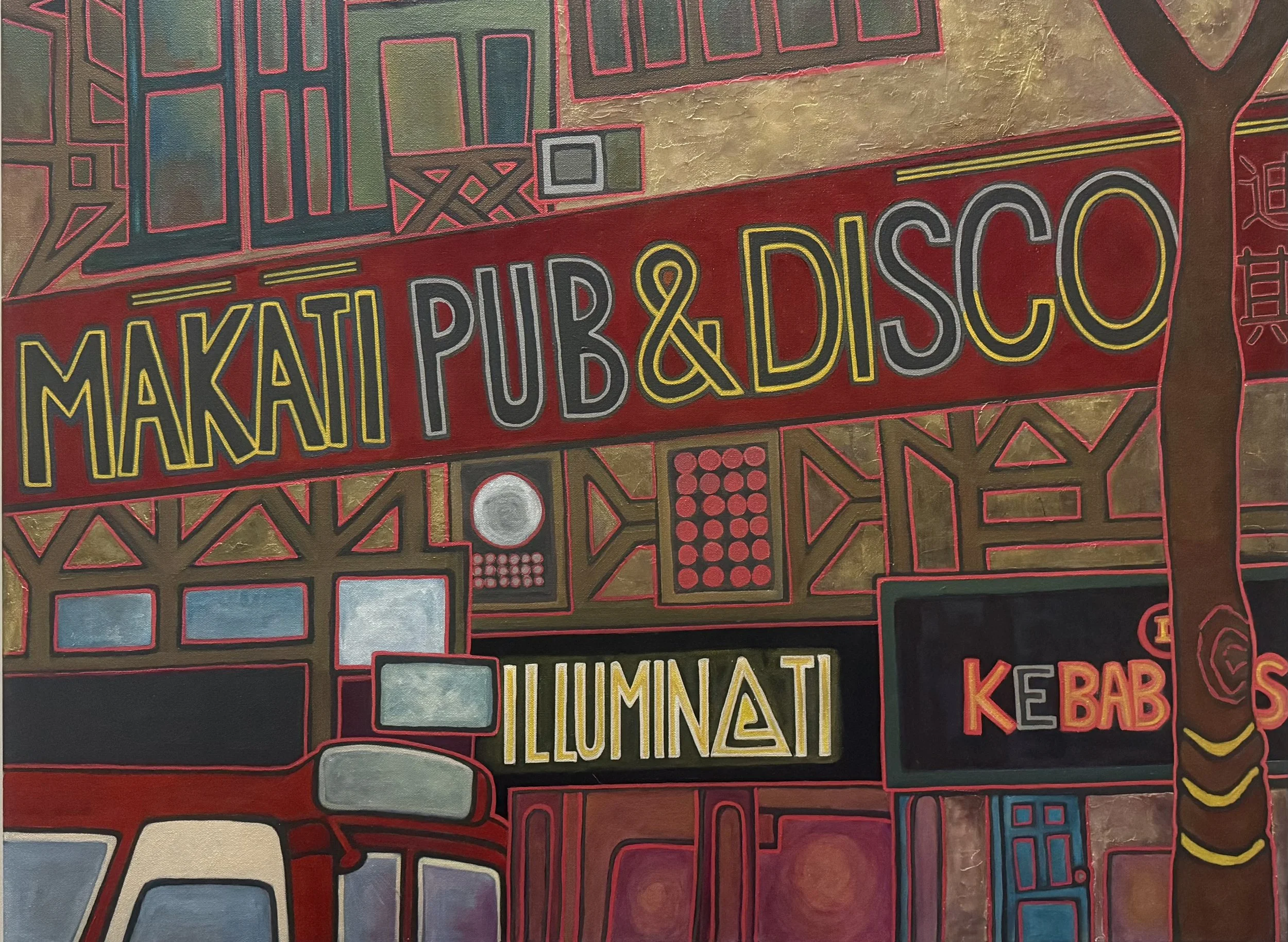 Colorful mural with text and geometric patterns. Prominent words are "Makati Pub & Disco" and "Illuminati." The artwork features various shapes, lines, and vibrant colors.