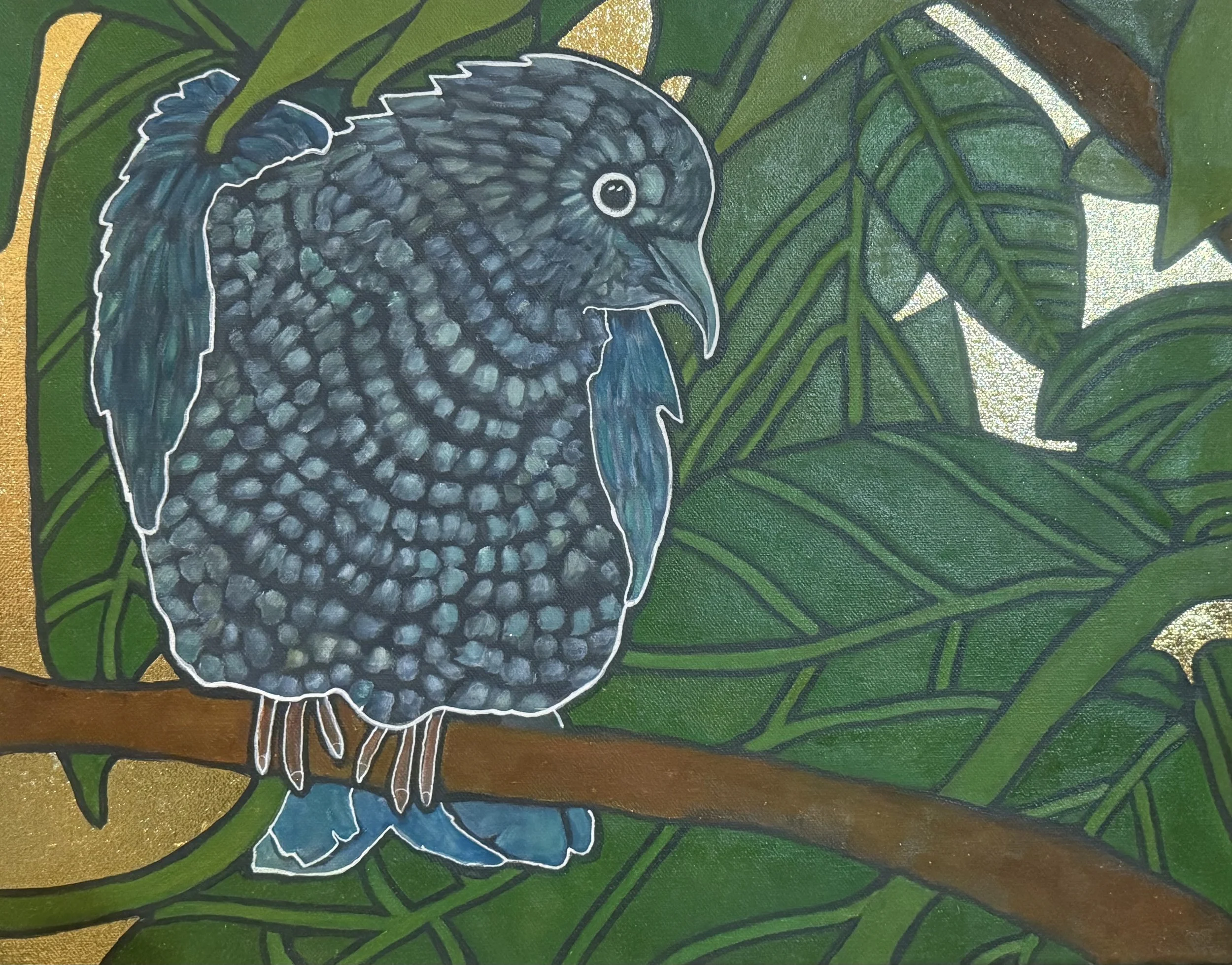 A detailed illustration of a bird with dark, textured feathers and a light outline, set against a lush background of green leaves with golden accents. Acrylic Painting. Heather Feather Painting and Design. Heather Mogosh. Art. 