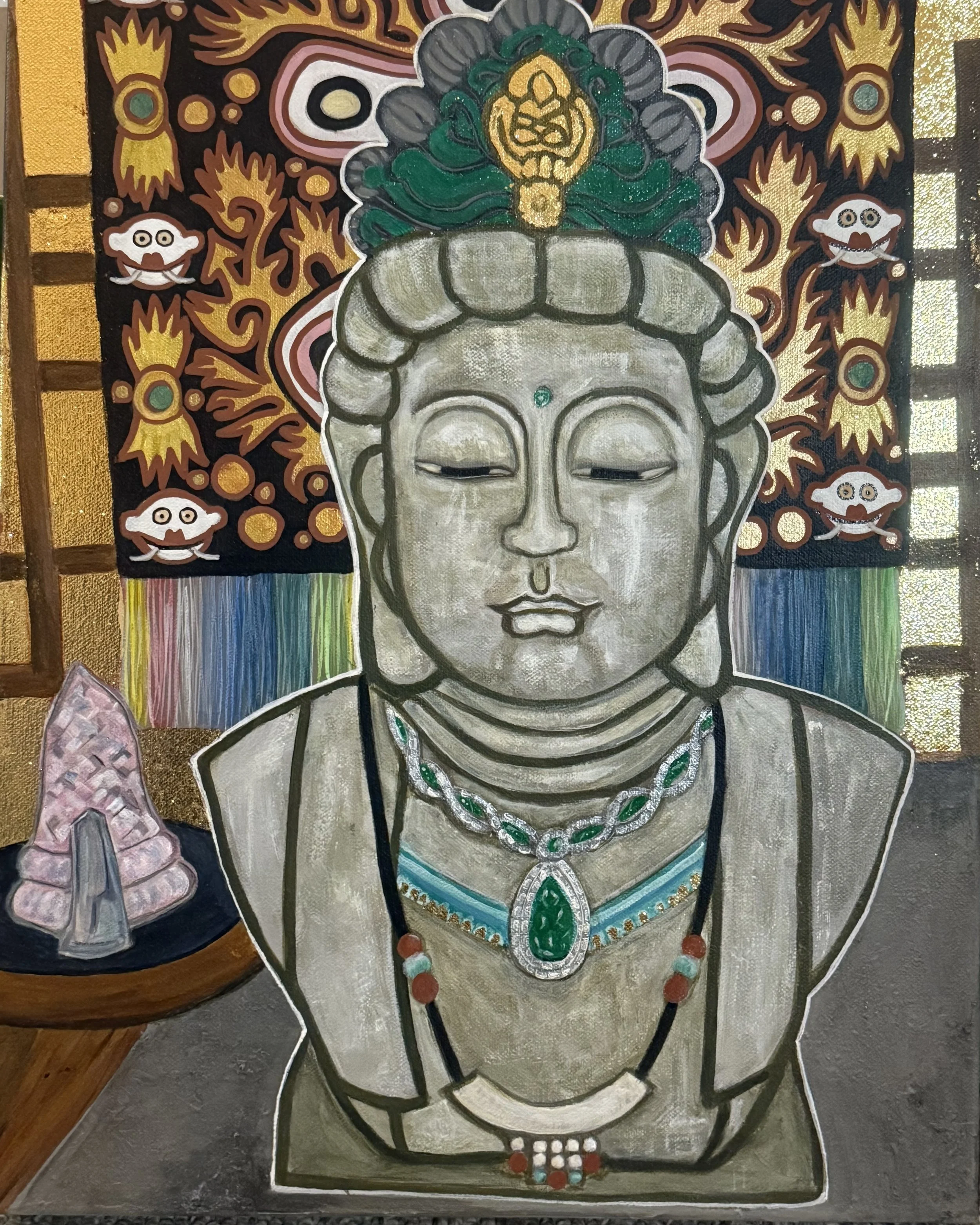 A painting of a serene Buddhist figure with closed eyes, adorned with ornate jewelry, and a decorative headdress set against a vibrant background with floral and mystical motifs. Acrylic Painting. Heather Feather Painting and Design. Heather Mogosh. 