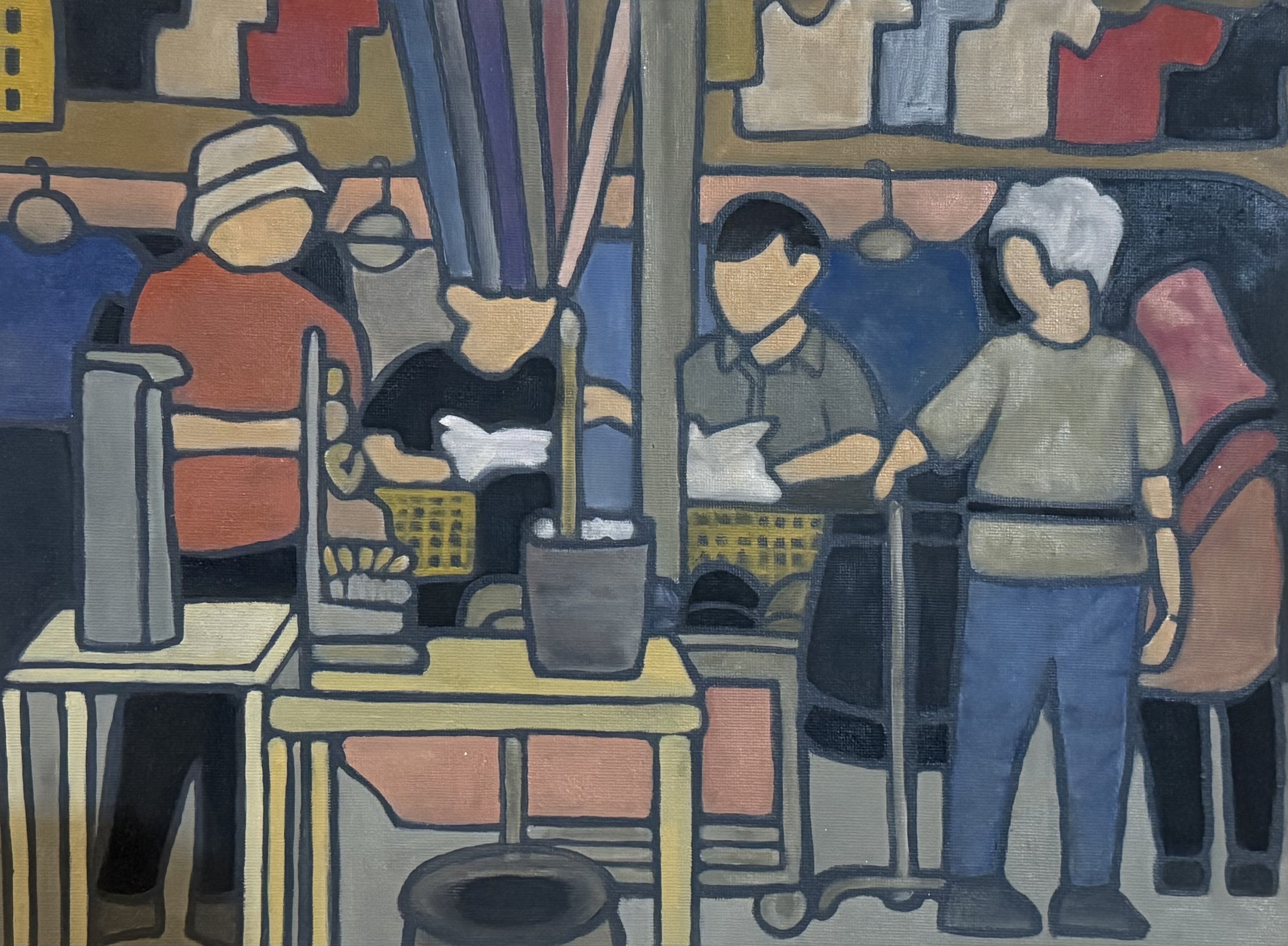Painting in Cubist style depicting three people sitting at a table with baskets, books, and hanging lamps in a restaurant setting. Acrylic Painting. Heather Feather Painting and Design. Heather Mogosh. Art. 