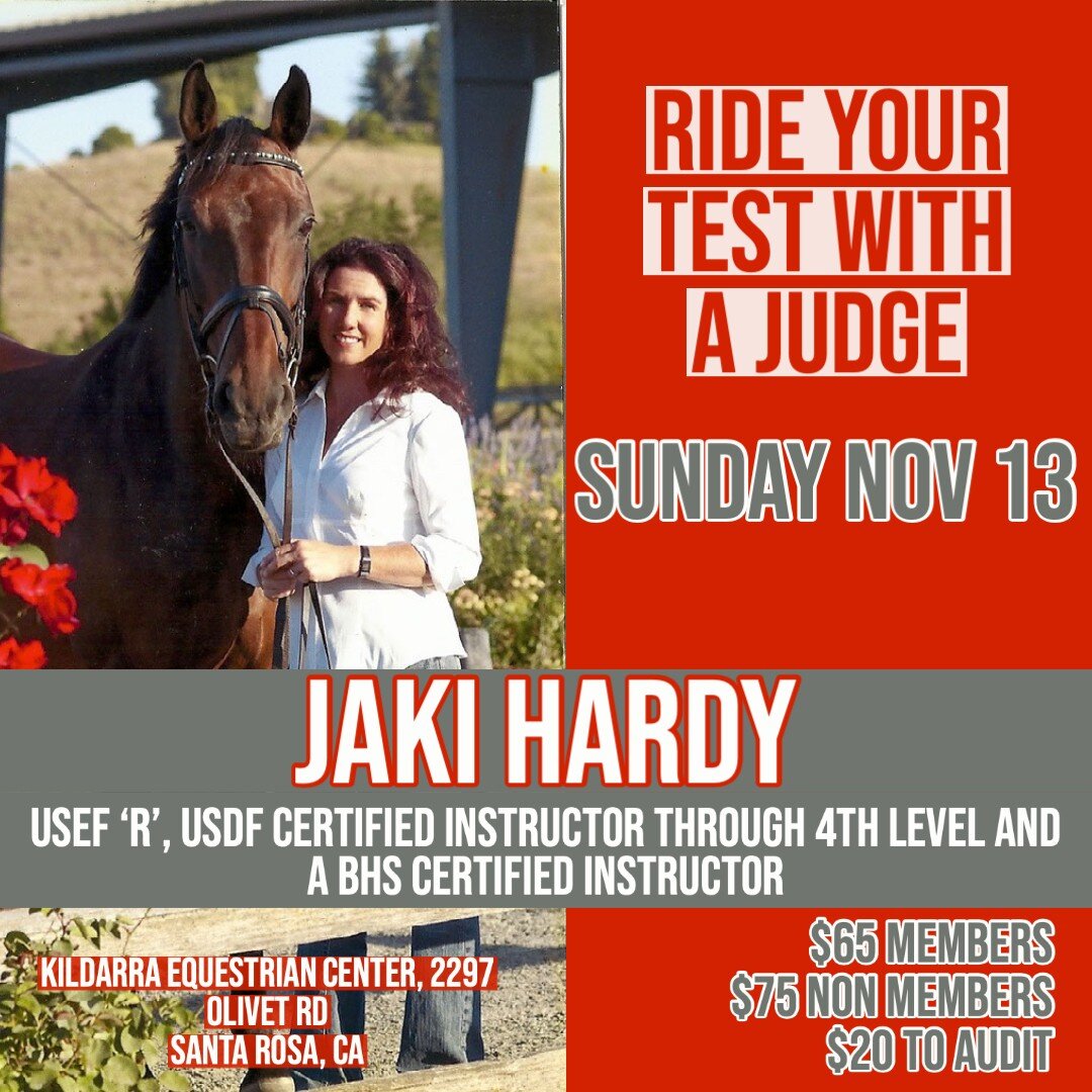 Ride you test with 'R' rated judge, USDF and BHS Certified Instructor, Jaki Hardy! It's a great opportunity to practice you test for the upcoming show season! Space is limited, so if you are interested in riding get in touch ASAP!
