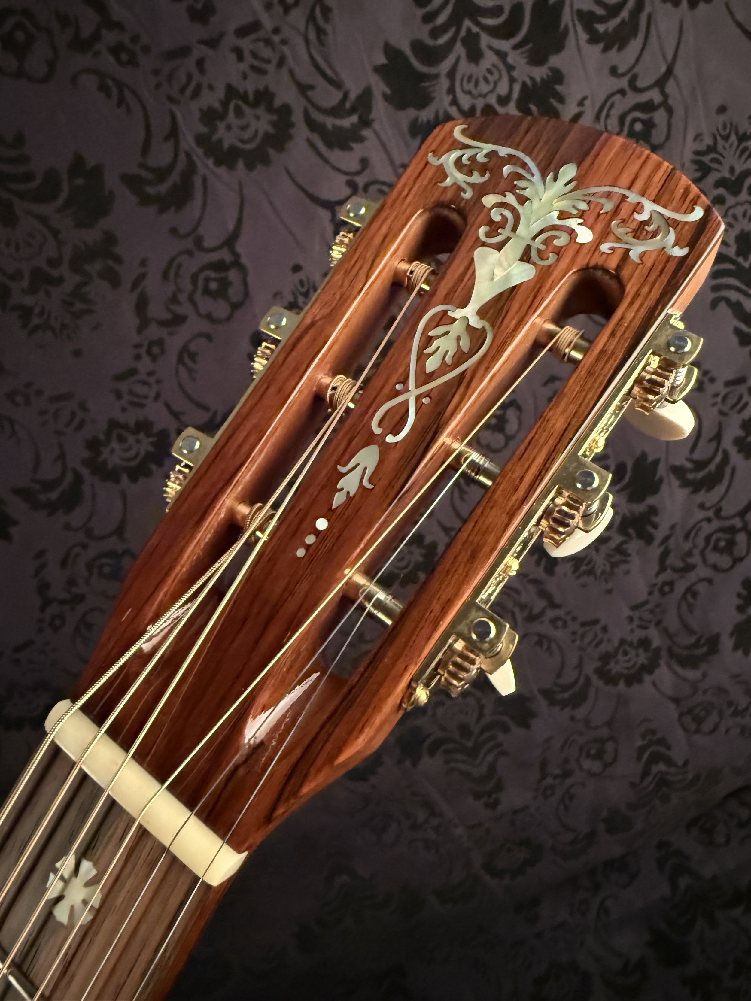 Gold Pearl Fern, Brazilian Rosewood headplate with engraved Waverly tuners