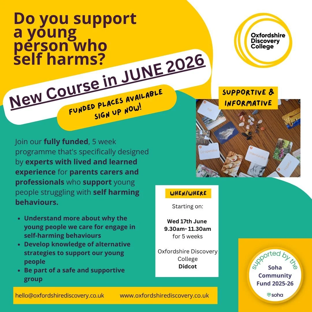 Do you support a young person who self harms?

Our fully funded 5 week programme is designed for parents, carers and professionals supporting young people affected by self harm behaviours.

Delivered by facilitators with lived and learned experience,