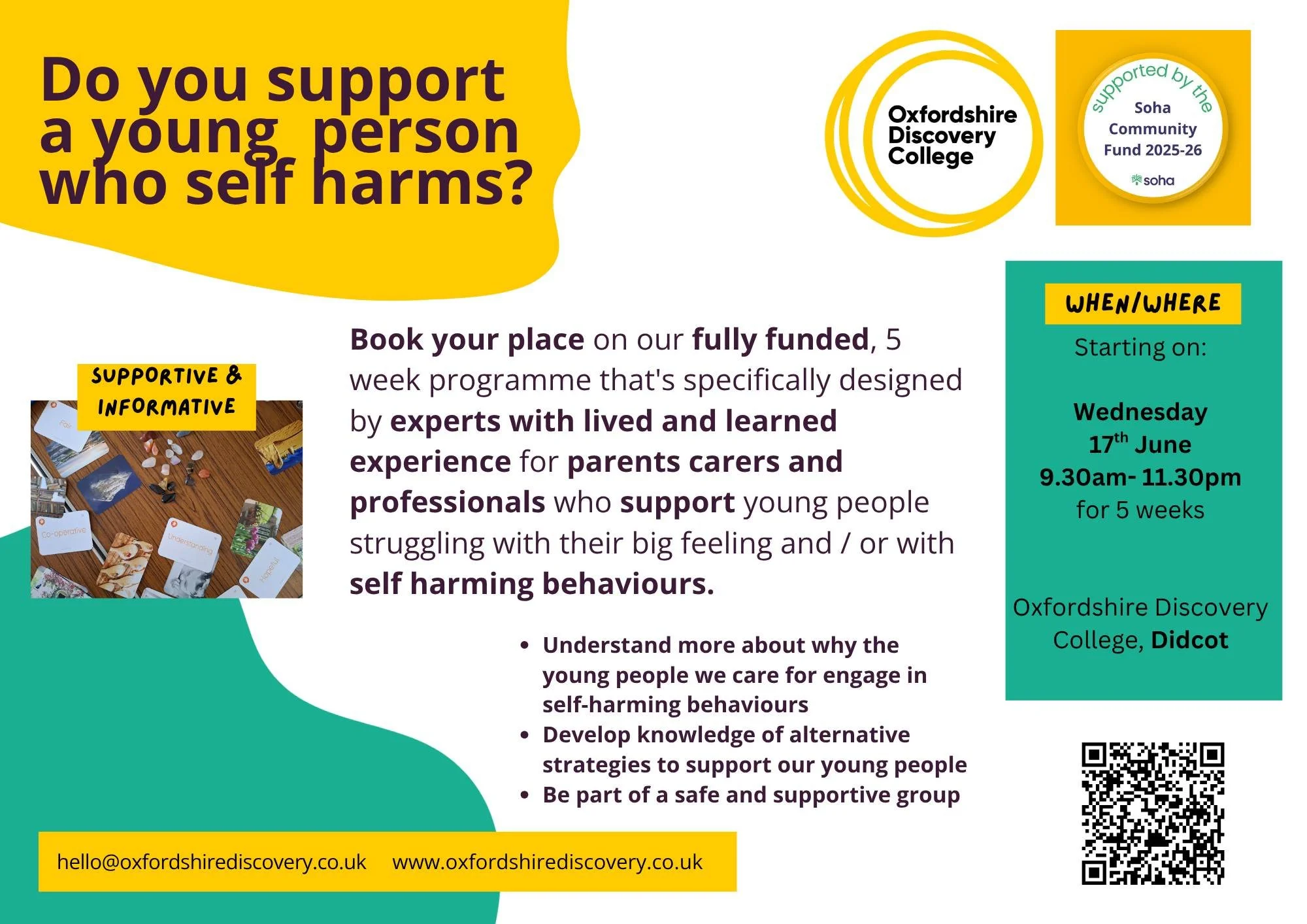 Do you support a young person who self harms?

Our fully funded 5 week support programme for parents, carers and professionals is starting soon in Didcot &mdash; and places are limited.

This supportive and informative programme is designed and deliv