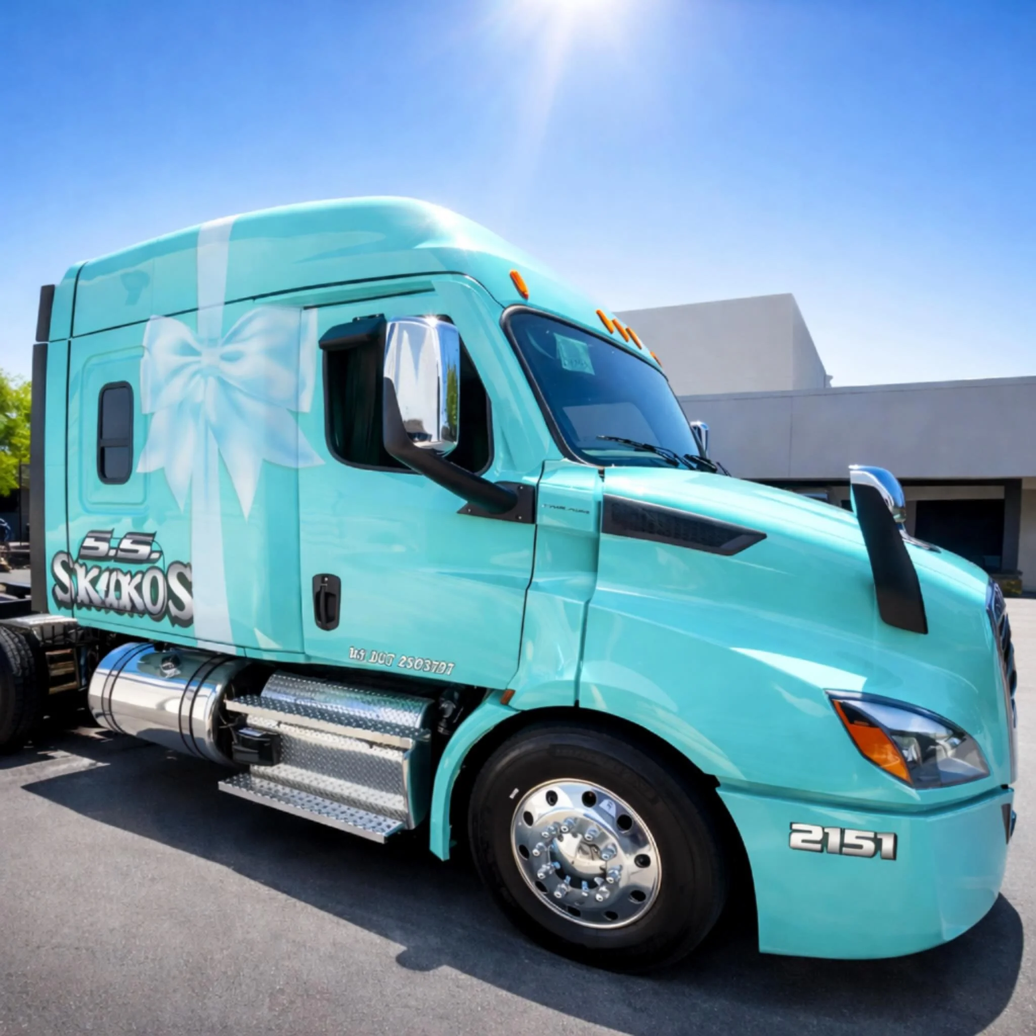 Our version of Tiffany jewelry &mdash; a robin-egg Freightliner, finished with a bow. 
#Freightliner #luxuryonwheels #foodgradetransport #truckerlife🚚💨💨