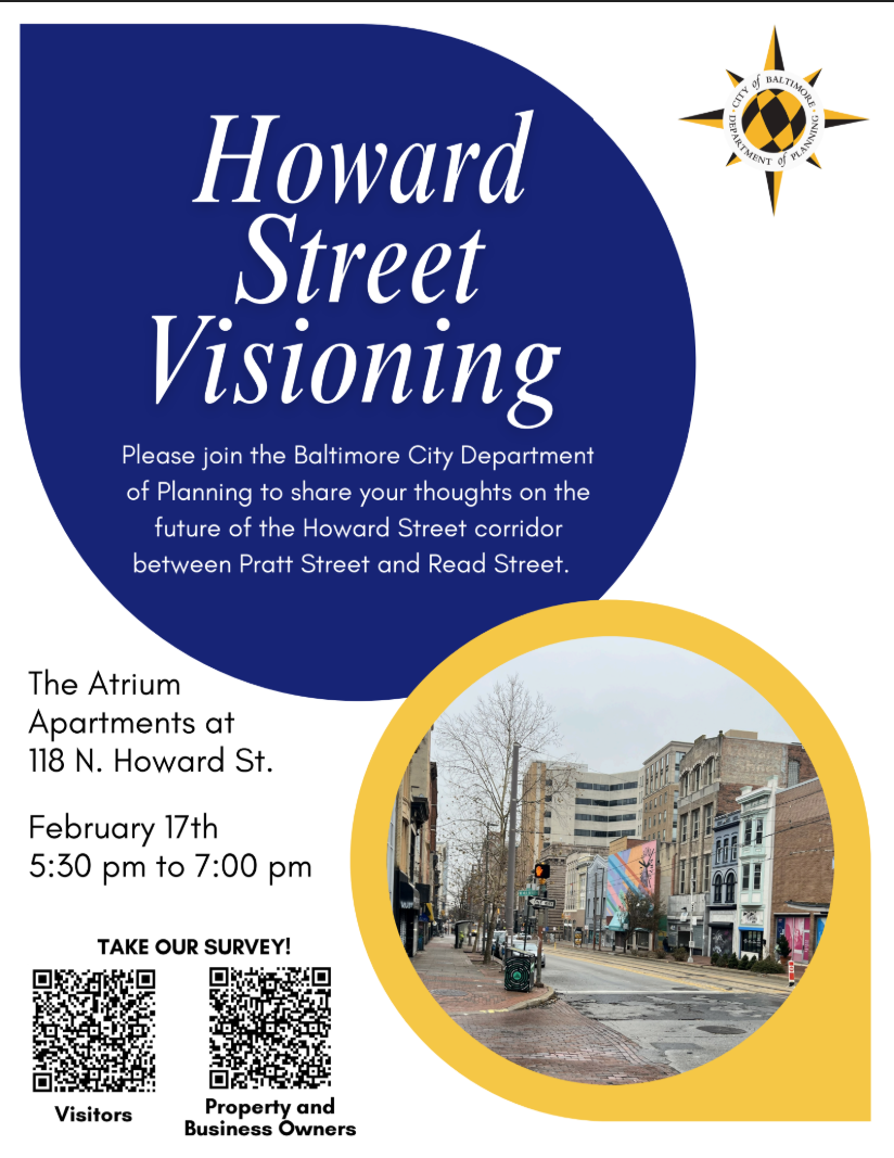 Flyer for Howard Street Visioning event in Baltimore, featuring meeting details and a photo of a street with storefronts and a mural.