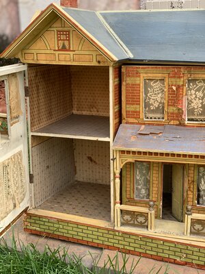 Antique British Dollhouse for Miniature Doll WONDERFUL G and J Lines Litho  Wood w/ Chandeliers - Manor House circa 1910