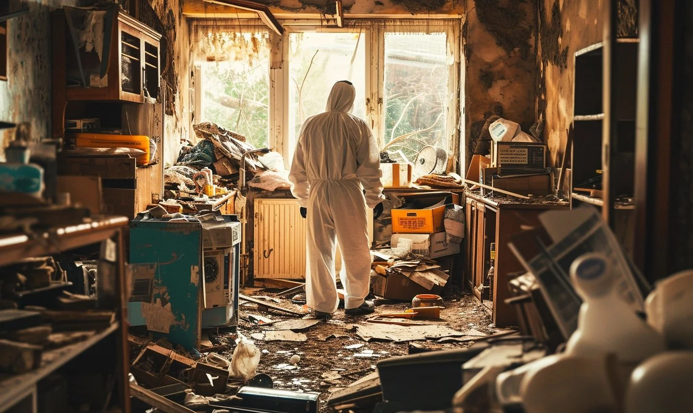 Emergency Clean UK technician in full PPE working through a hoarded property room by room
