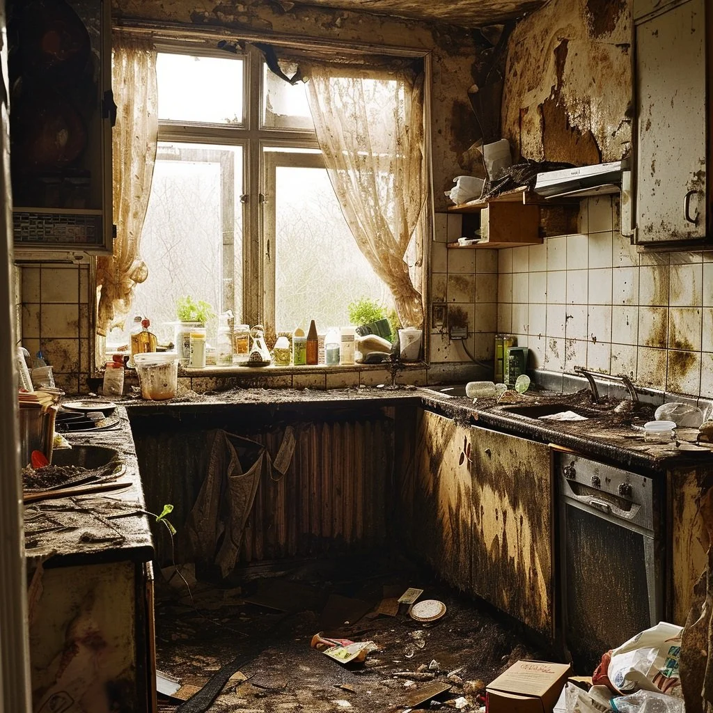 Mould growth in the kitchen of a hoarded property, a common health hazard in hoarding cases