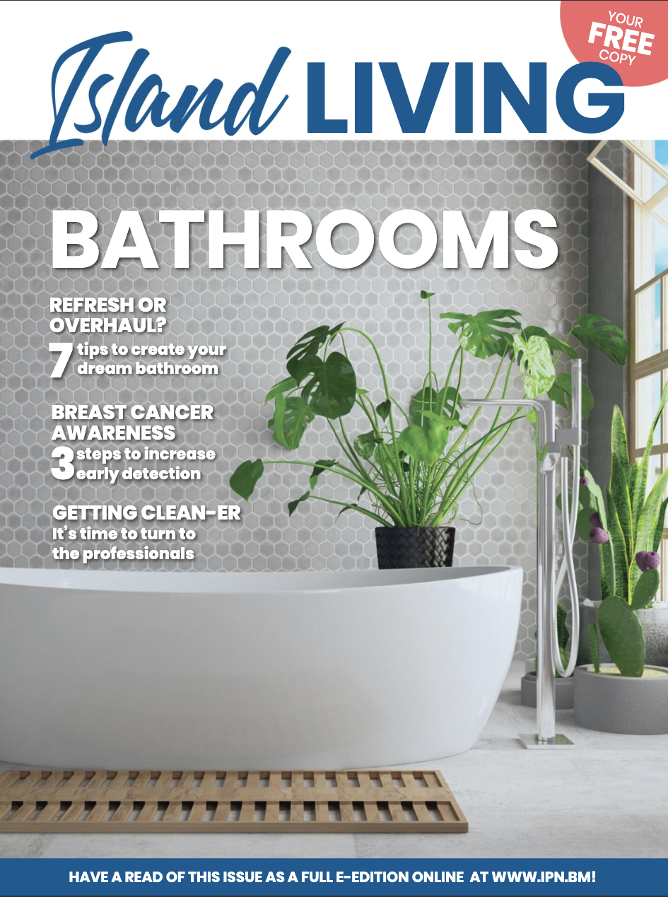 Magazine cover titled "Island Living" featuring a modern bathroom.