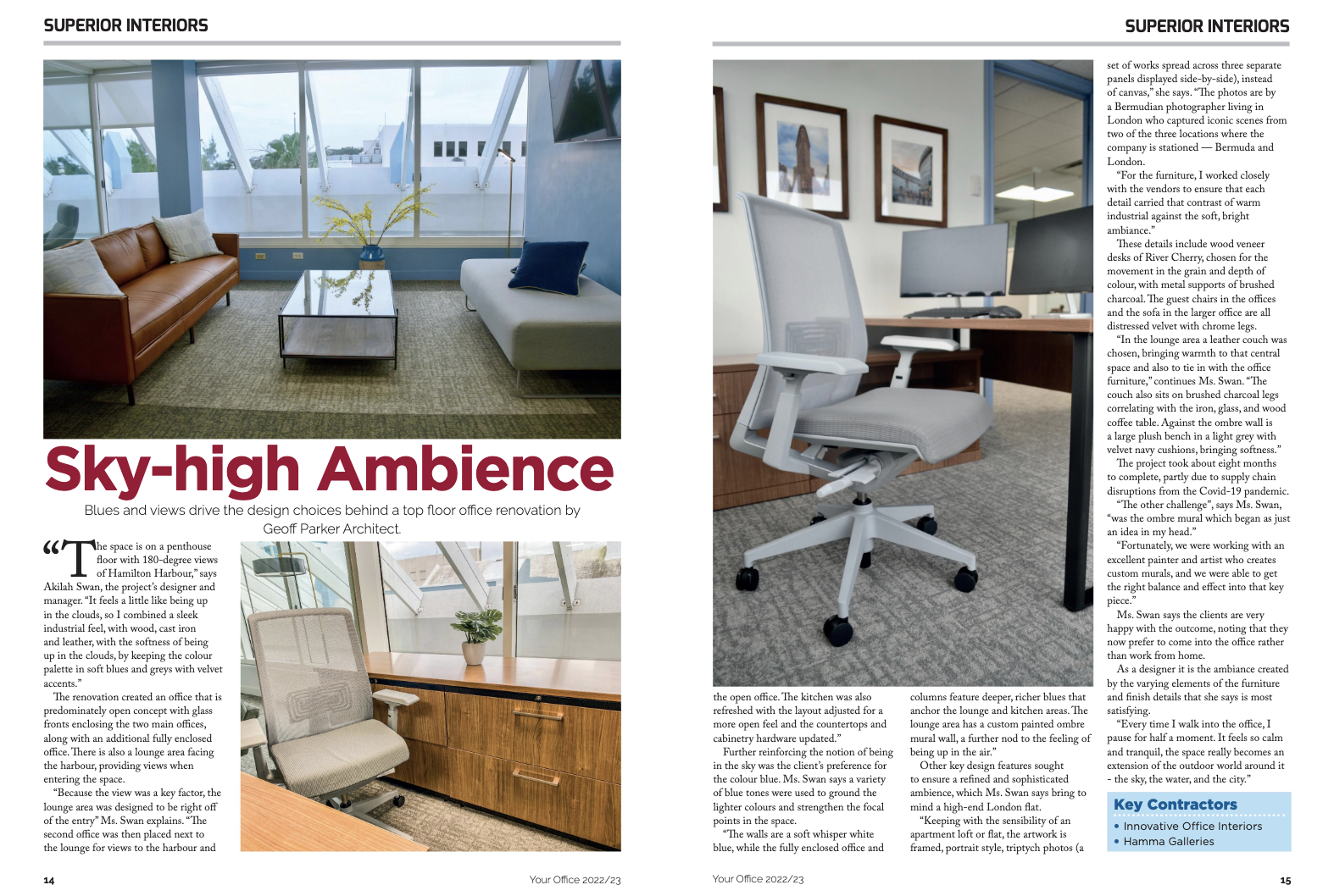 Magazine spread featuring an article on office interior design.