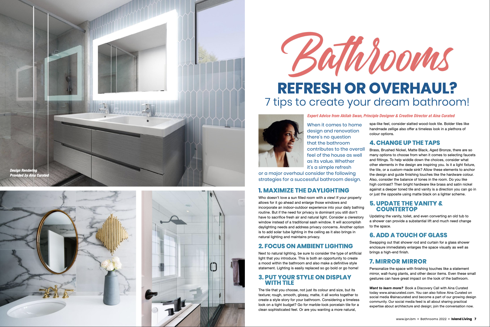 Magazine layout featuring bathroom design tips with images of stylish bathrooms and advice on refreshing or overhauling bathroom spaces.
