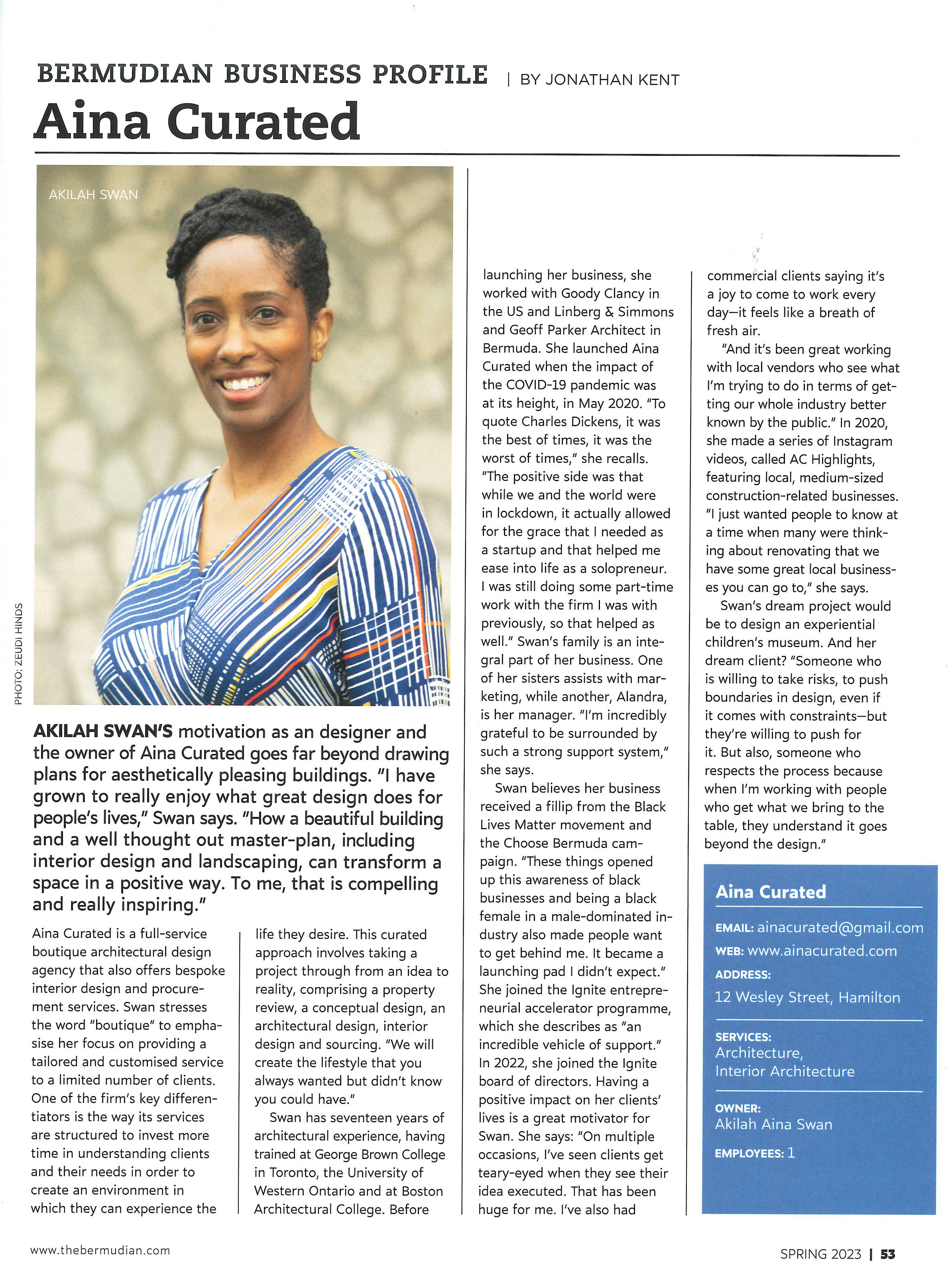 Bermudian business profile of Akilah Swan, owner of Aina Curated, discussing her motivation and approach to architectural design.