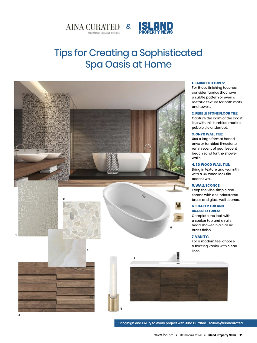 Interior design guide for creating a home spa, featuring a modern bathroom with a freestanding tub, textured wall tiles, floating vanity, and a mix of wood and metal finishes.