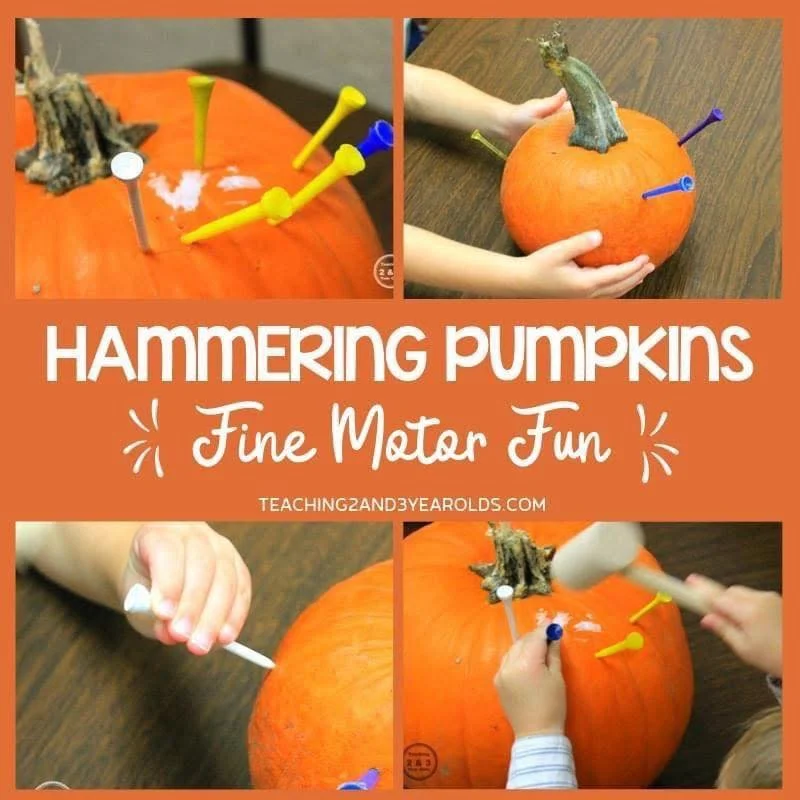 When I Play I Learn:
This is a fun seasonal activity and a great use of your pumpkins and golf tees but this activity can be done with other items such as styrofoam or a box.
While hammering is great fun, there are many skills being developed, Here a