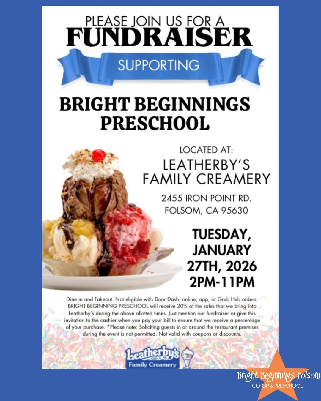 Is there any better way to support our school than with a scoop (or three) of ice cream? 🍦✨

TONIGHT is our Bright Beginnings fundraiser at Leatherby&rsquo;s! Skip the dishes and bring the whole family down for dinner and dessert. A portion of every