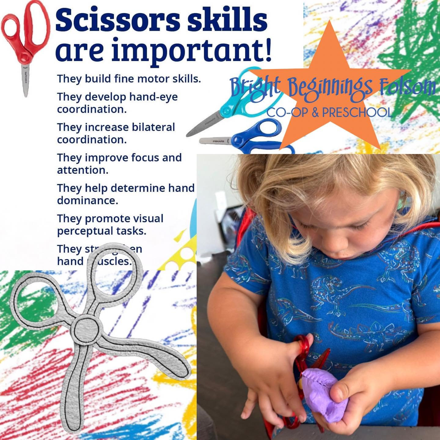 When I cut I learn!
Cutting play dough with safety scissors is a great way to introduce toddlers to the fun and beneficial activity of cutting!
#learningthroughplay #fun #handson #skilldevelopment 
#folsom #parentcooperative