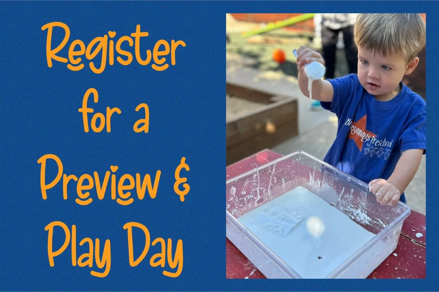 Are you looking for an incredible learn through play preschool experience for your child for the fall? We have programs for children 12 months of age (Parent/Child) through age 8 (Play On).
Join us for our next Preview and Play Day on April 24th from