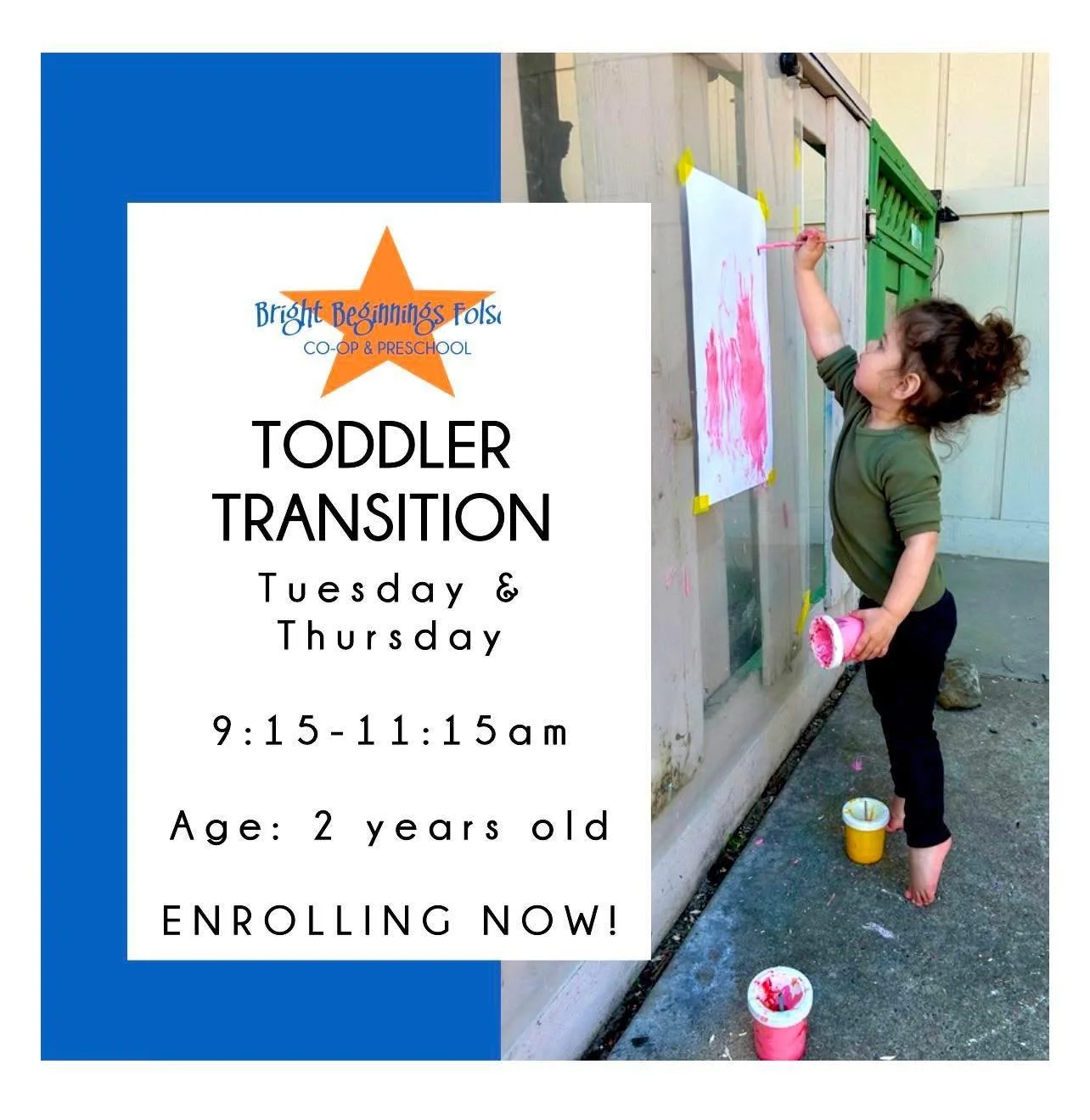 Enrolling Now for Fall
Bright Beginnings Preschool is an early childhood preschool &amp; parent co-op offering programs for 12 months (Parent Child) through age 8.
It is a place where children learn through play and hands on activities.
Families expe