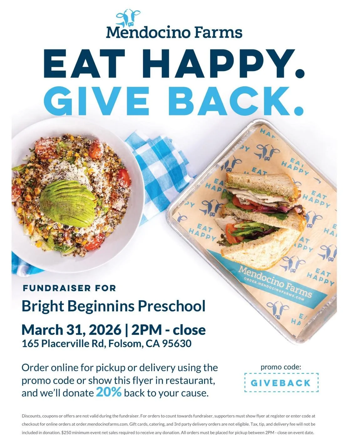 Mark your calendar and come out for delicious food! 
20% of your purchases, when you mention our school or give the promo code, will be given to help our amazing school!
FUNDRAISER FOR
Bright Beginnings Preschool
March 31, 2026 | 2PM - close
165 Plac