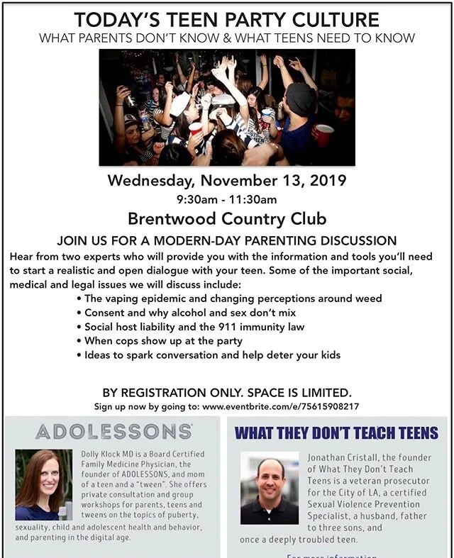 Super excited to team up again with Dolly Klock, MD @adolessonsla for this NEW seminar on Today&rsquo;s Teen Party Culture. Have questions about the vaping epidemic, weed, alcohol, parties &amp; sex, and your teen&rsquo;s legal risks and rights? Plea