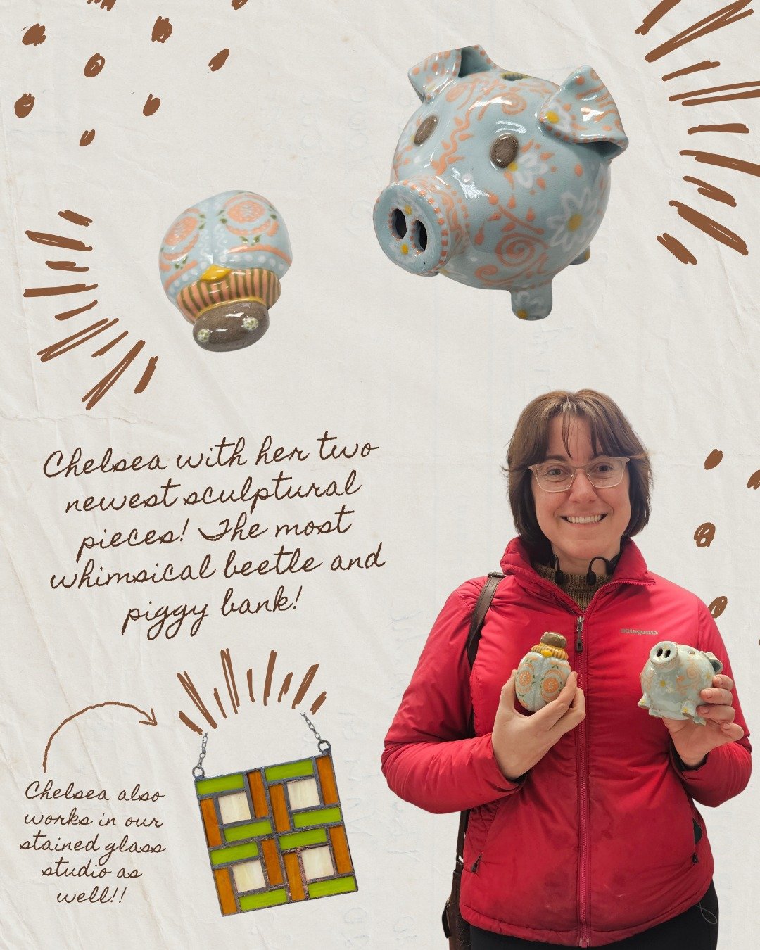 We can't get over how CUTE and awesome these pieces are! Chelsea swung by the Welcome Center and we had to stop her in her tracks to show off the whimsical designs on these two sculptural ceramic pieces she made! 🪲🐖🤗

And her stained glass work? O