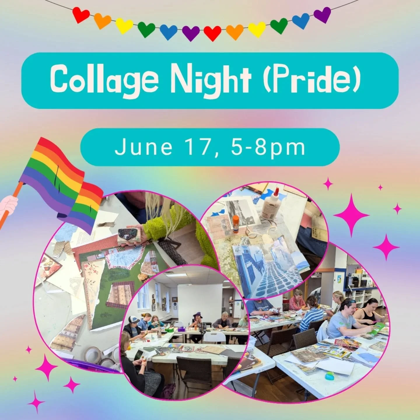Join us on June 17th from 5-8pm for Collage Night (Pride)! 🤩🏳️&zwj;🌈 

What does Pride mean to YOU? How do you like to express yourself and show your pride? Create a vibrant collage that exemplifies you and have a fun experience creating a collage