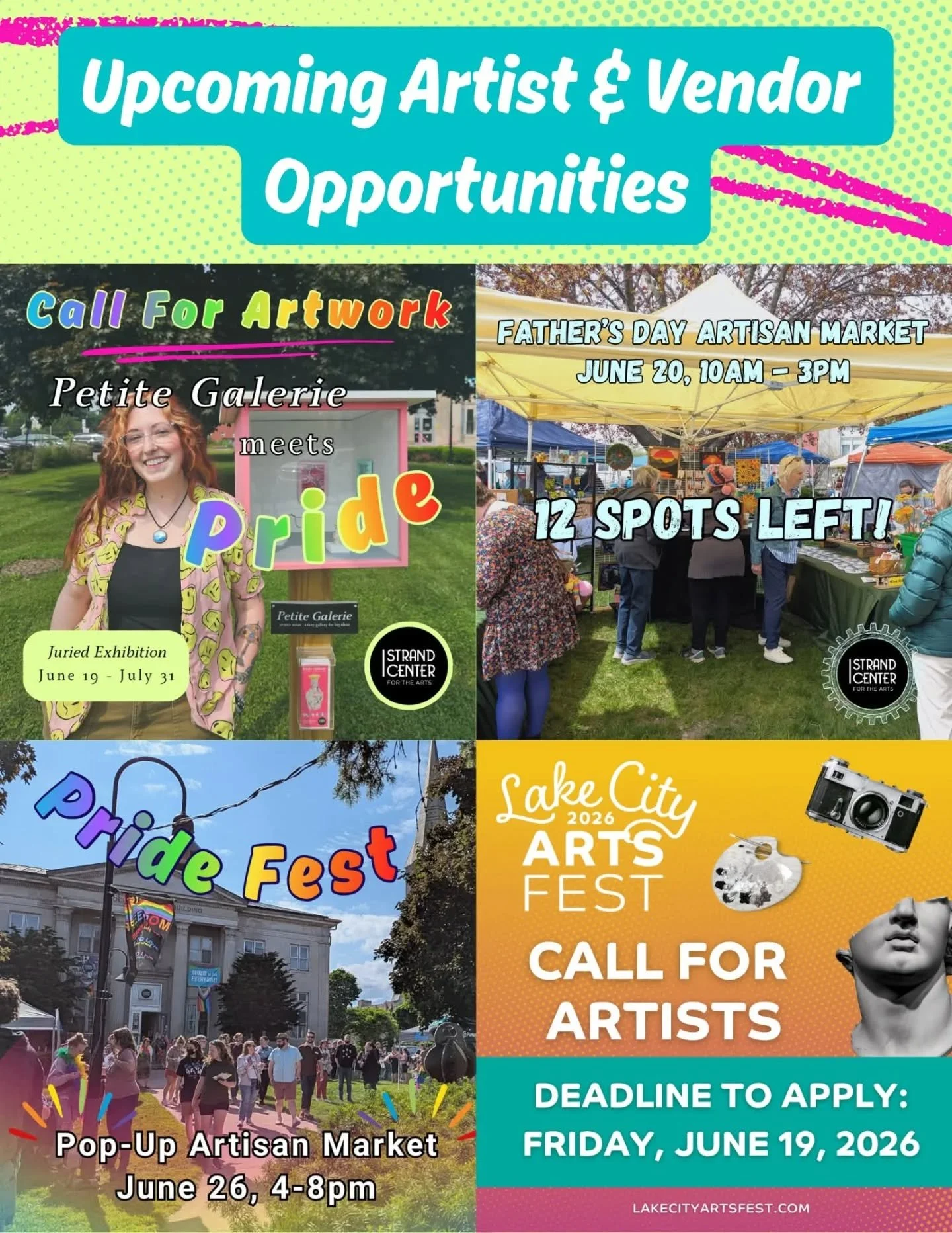 We have several upcoming opportunities for local artists, crafters, bakers, and vendors! 🤩🙌🎨📸🧶
 
The Petite Galerie is set to have a Pride theme this year! 🥰 This will be a juried exhibition that begins on June 19 and will be on display until J