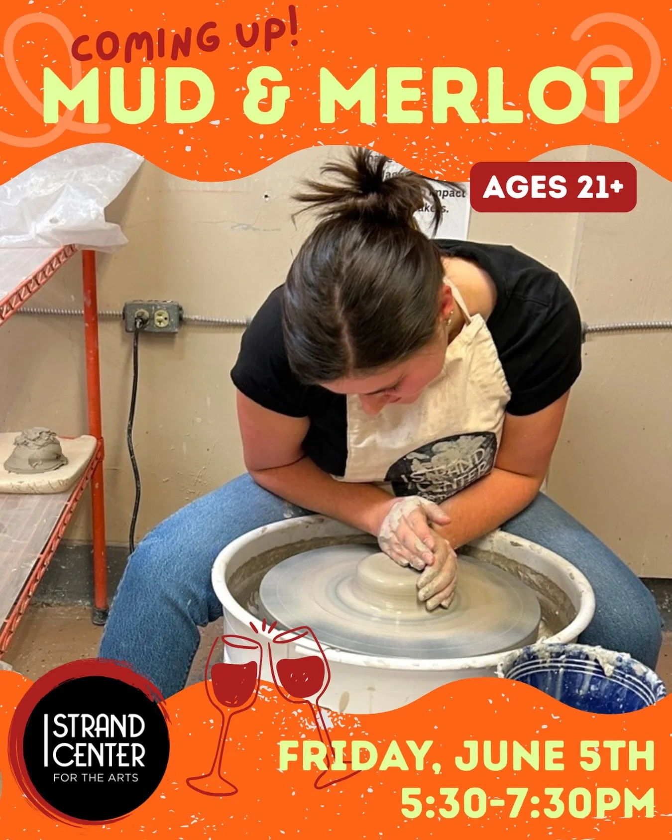 What are you up to this Friday? 😎 Join us for Mud &amp; Merlot! (Ages 21+) Experience throwing on the wheel in this fun 2 hour ceramics class while you enjoy complimentary drinks with friends in a supportive environment. Get creative with under-glaz