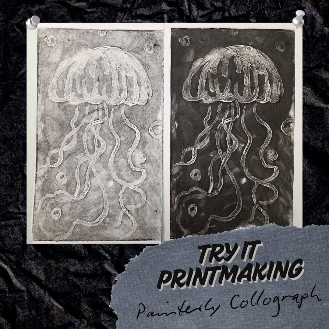 We&rsquo;re SO EXCITED for our NEW Try It Printmaking: Painterly Collograph class! 🤩 Join us on June 12th to create your own unique print. 

In this course we will be intaglio printing, (think etching) a process in which ink is wiped into grooves, t