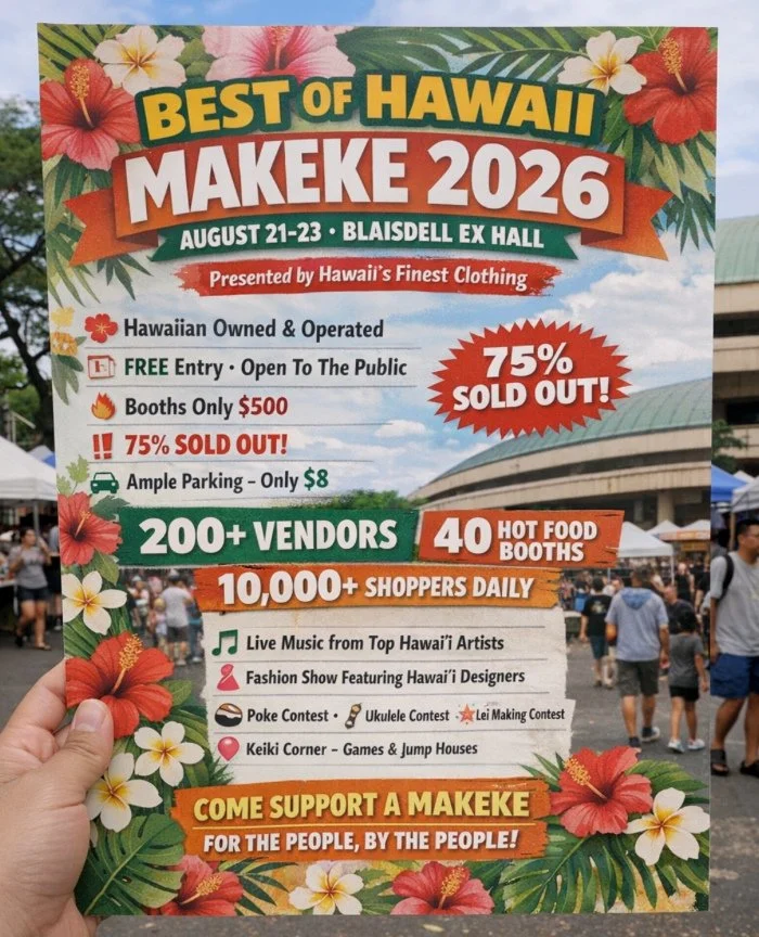 BEST OF HAWAII MAKEKE 2026 ⁠
⁠
Join us this August 21-23 for our Makeke at Neil Blaisdell Exhibition Hall. This is a Free Event and Open to the Public. All different attractions from local Makeke, Food Contest, and a Keiki Corner. This is the PLACE T