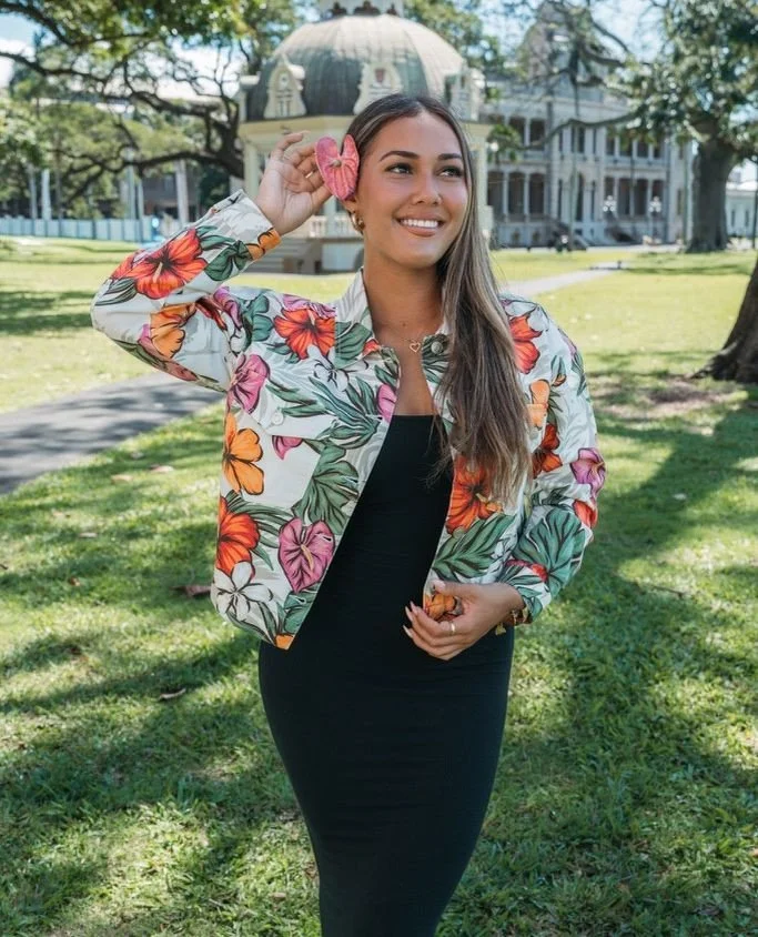 @Tacoma.KK in our brand new Aloha Denim Jacket available now at our Merrie Monarch Pop Up at Waiakea Center! ⁠
⁠
#HIFinest