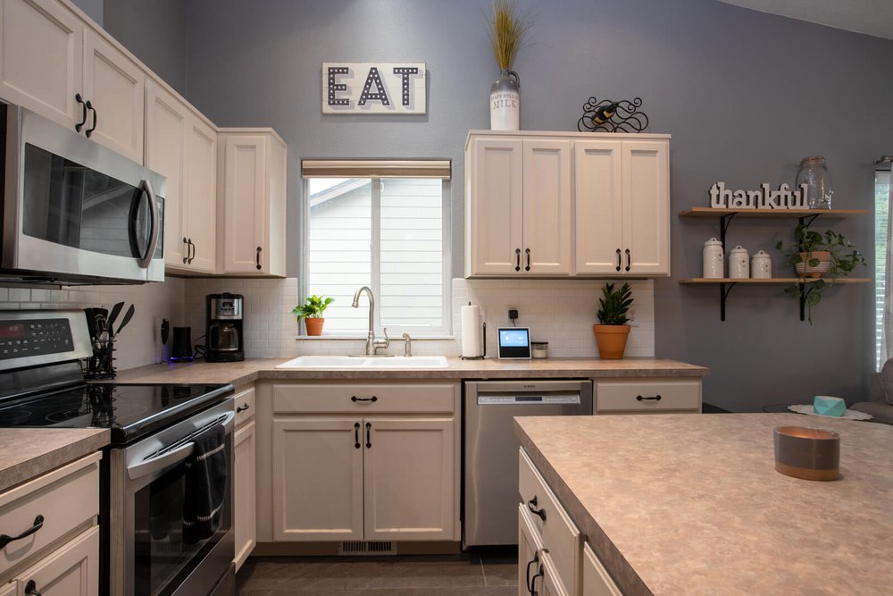 grey and white kitchen in home for sale in salem oregon