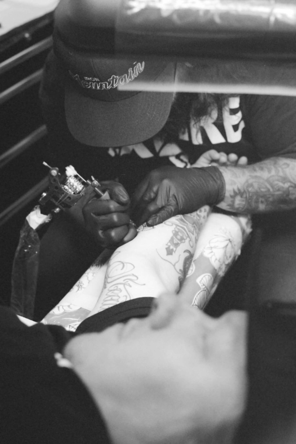 Chris Vanderschaaf getting tattooed by Luke Holland, Lombard St. Tattoo in Portland, Or, 2019